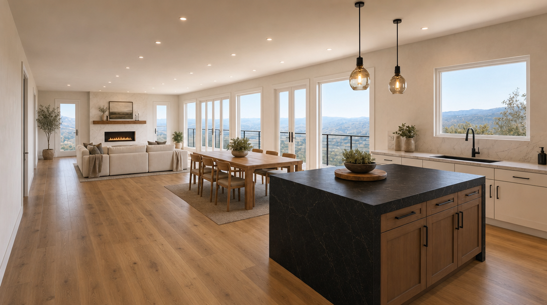 This open-concept floor plan seamlessly integrates a modern kitchen, dining area, and living room in a bright, airy space. The kitchen features a dramatic dark stone-topped island that contrasts elegantly with light cabinets, while expansive glass doors and windows offer stunning panoramic mountain views. High-end finishes, warm wood floors, and minimalist decor create a sophisticated and inviting atmosphere.