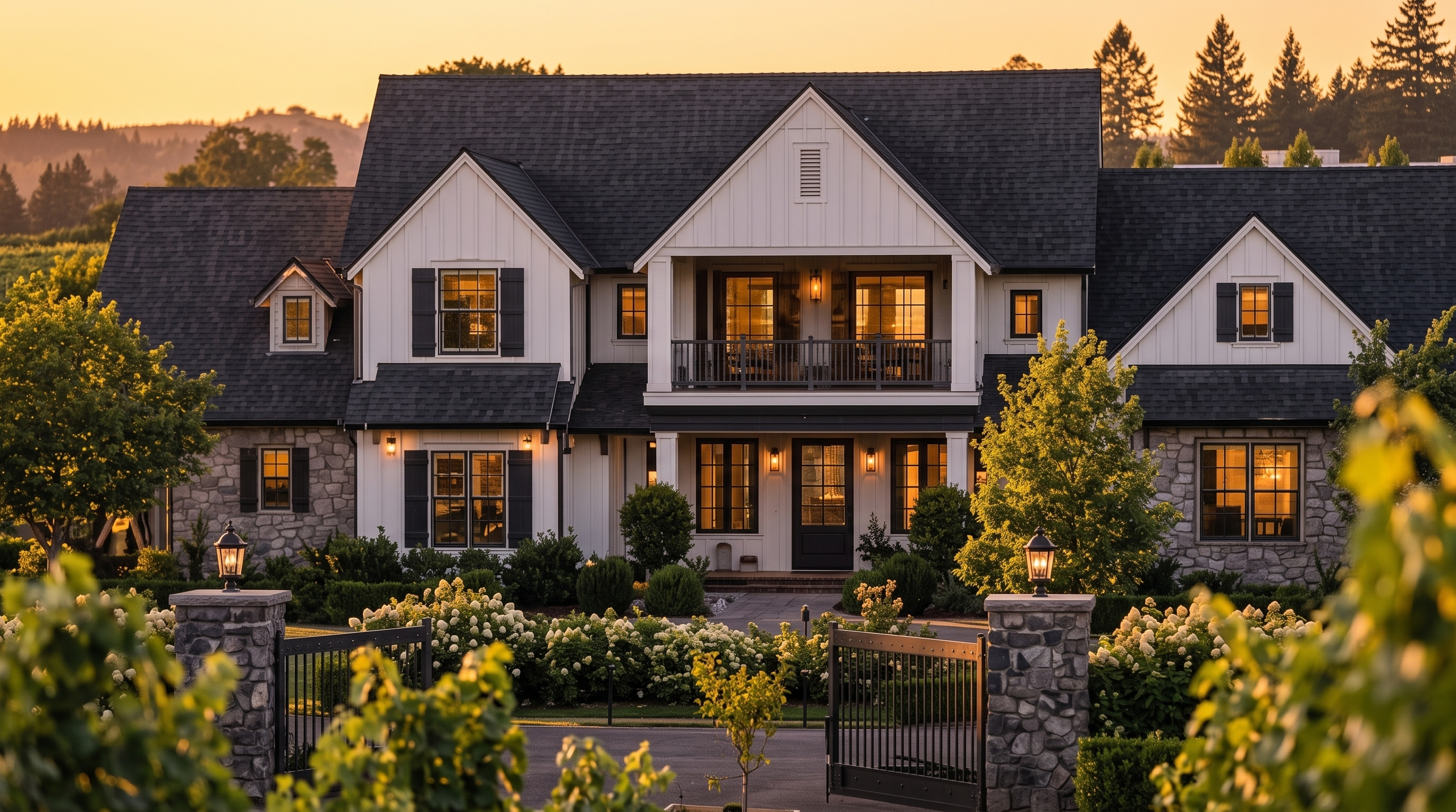 This stunning farmhouse-style estate showcases a sophisticated blend of white vertical siding and natural stone masonry under a high-pitched roof. The property features a welcoming front entryway, a second-story balcony, and symmetrical architectural detailing, all surrounded by lush, manicured landscaping and a gated drive. Bathed in the warm, golden light of sunset, the home projects an aura of luxury, elegance, and curb appeal.