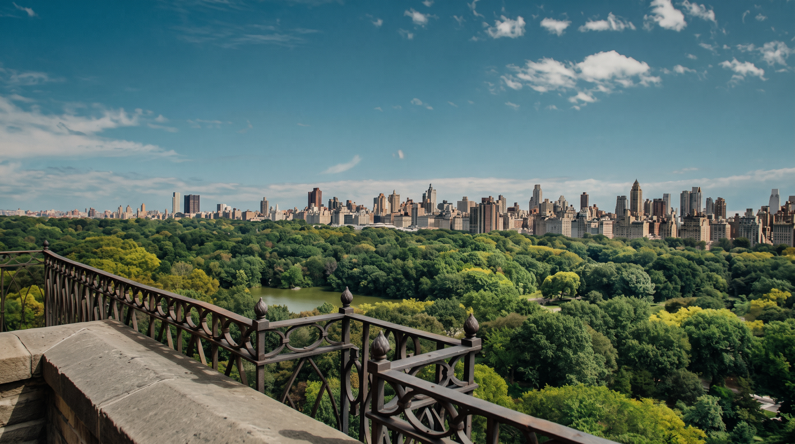 This image captures a high-vantage point from a balcony featuring an ornate, dark metal railing that frames a panoramic view of Central Park and the surrounding New York City skyline. The lush green canopy of the park stretches out below, punctuated by a glimpse of a pond, while the dense urban architecture rises in the distance under a bright blue sky with scattered clouds. The perspective offers a cinematic sense of scale, emphasizing the prestigious location and the dramatic contrast between the natural landscape and the metropolitan cityscape.