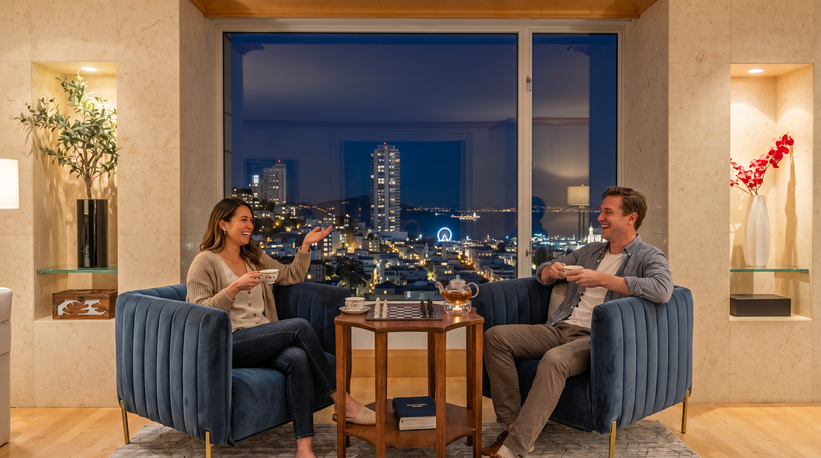 This elegant seating area features two plush, navy blue velvet armchairs positioned around a small wooden table, creating a sophisticated conversation nook. The space is framed by symmetrical recessed wall niches displaying decorative plants and vases, set against light-toned stone walls. A large window provides a panoramic view of the city skyline and the bay, serving as the focal point of the room.