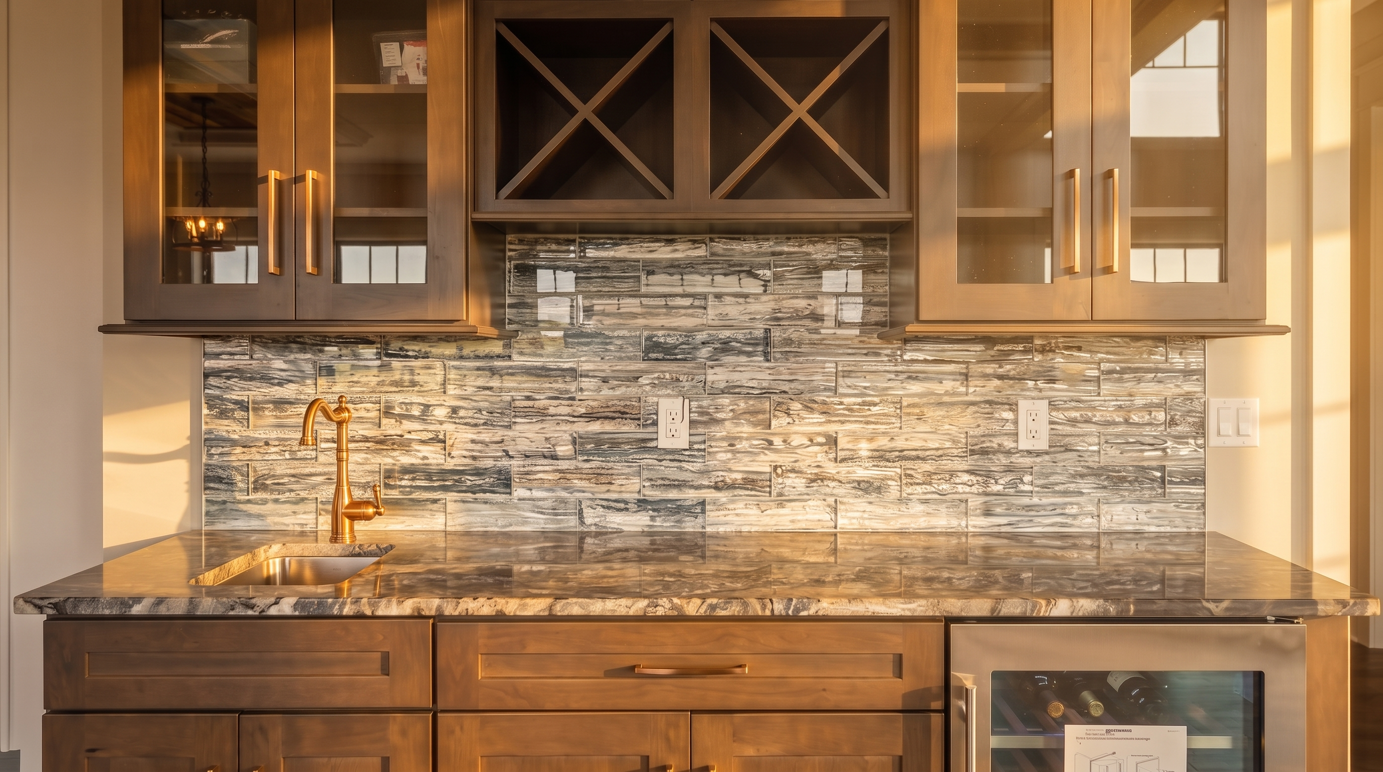 This sophisticated kitchen features a blend of dark wood and white cabinetry, contrasted by elegant blue-grey patterned tile backsplashes and dark wood flooring. The space is highlighted by a spacious island with bar stool seating, pendant lighting under a coffered wood ceiling, and a dedicated wet bar area with a built-in wine cooler. The kitchen offers a luxurious, modern aesthetic with high-end fixtures and functional, open-concept design.