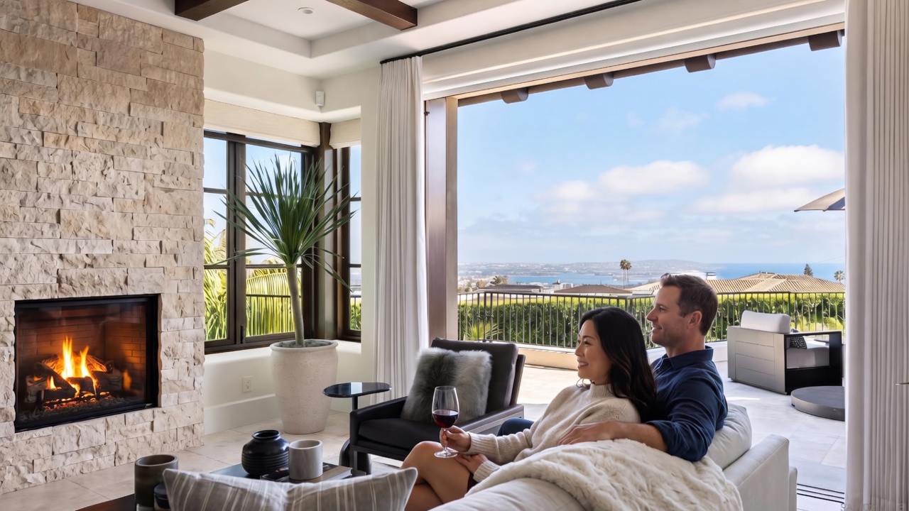 This elegant interior living space features a stunning floor-to-ceiling stone fireplace and an expansive glass wall that opens onto a balcony with panoramic ocean views. The room is decorated in a sophisticated, neutral palette, creating a cozy and inviting atmosphere for relaxation. With its seamless integration of indoor and outdoor living, the space offers a luxurious and tranquil environment.