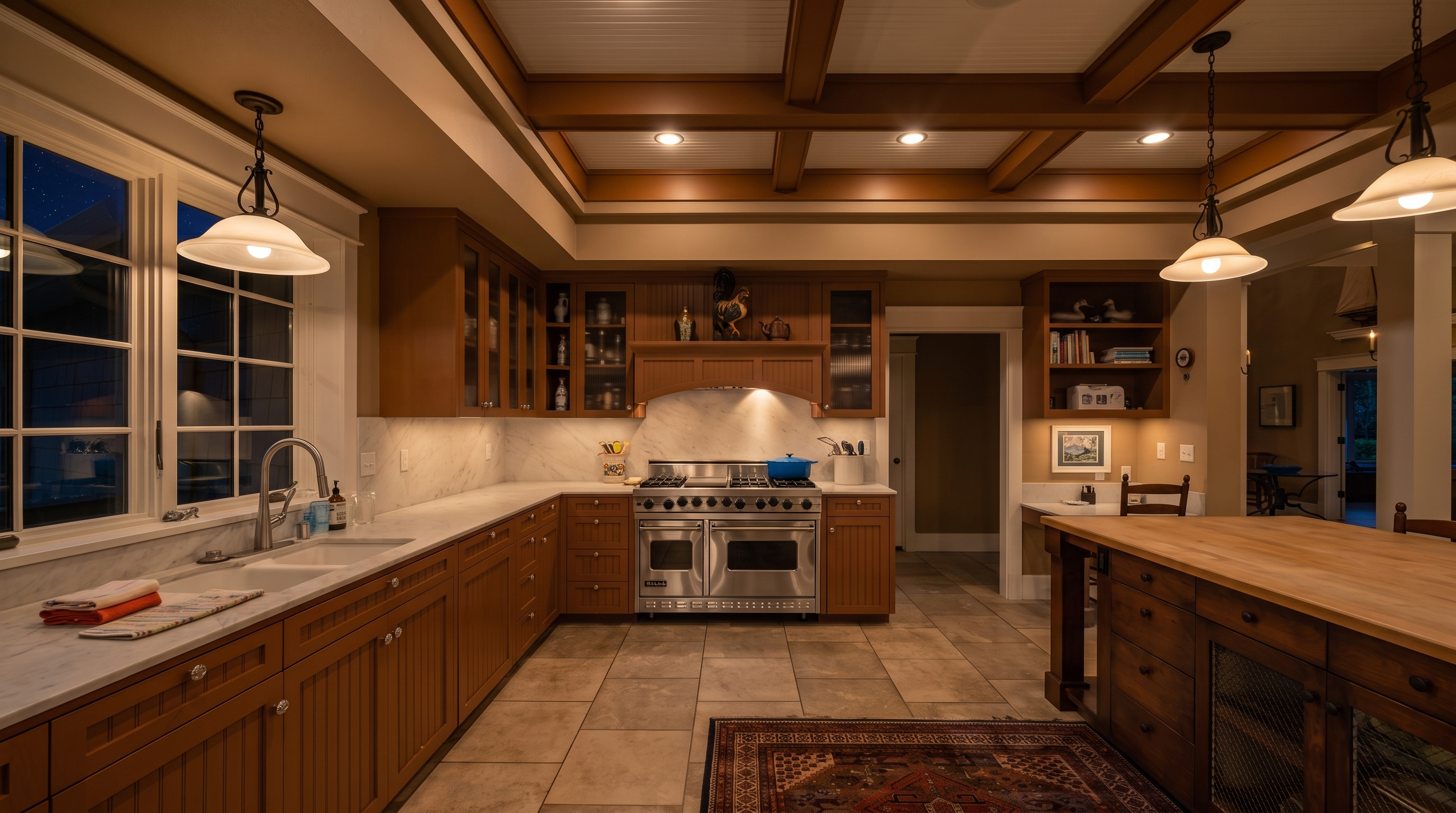 This spacious kitchen features warm-toned cabinetry, a large central island with a wood countertop, and a professional-grade stainless steel range. The room is defined by a coffered ceiling with recessed lighting and two pendant lights hanging over the island, all set against a backdrop of light-colored stone countertops and tile flooring. A patterned area rug adds texture to the space, which opens into an adjacent room, creating an inviting and functional culinary environment.