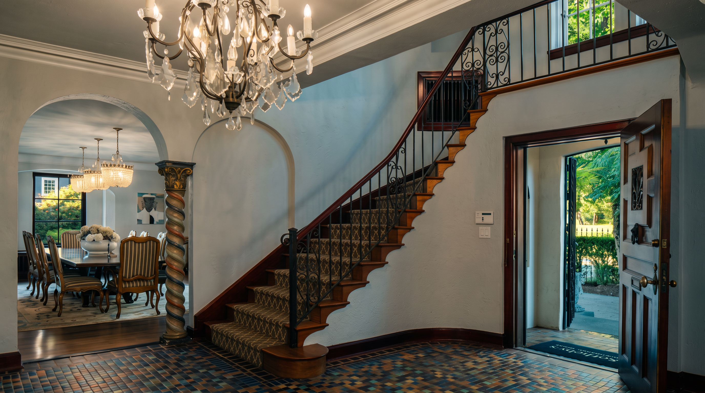 This grand foyer features a striking staircase with ornate metal railings and a patterned runner, set against a backdrop of intricate, multi-colored mosaic tile flooring. A large, multi-tiered crystal chandelier serves as the focal point, hanging above the open space that leads into a formal dining room framed by an arched doorway and a decorative, spiral-carved column. The perspective captures the elegant transition from the front entrance into the home's main living areas, emphasizing a classic, sophisticated architectural style.