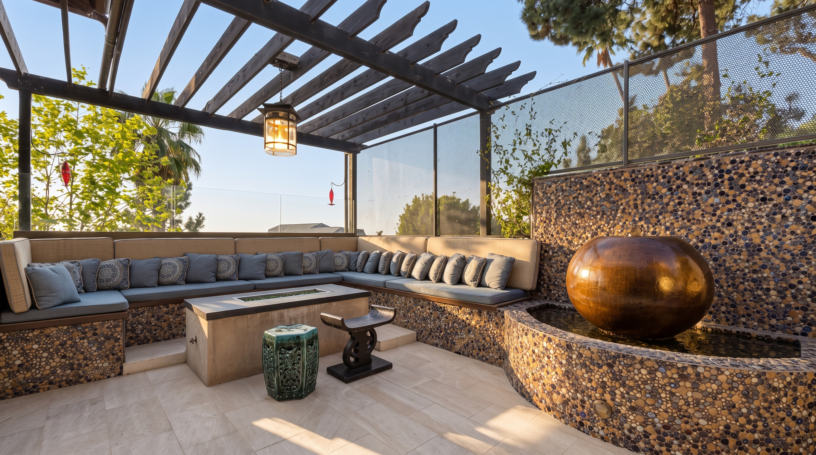 This inviting outdoor lounge area features a built-in L-shaped bench with plush seating and decorative pillows, centered around a rectangular fire pit. The space is defined by a dark wood pergola overhead and a striking water feature with a large, spherical basin set against a textured, multi-colored stone wall. The scene is captured from a low-angle perspective, emphasizing the sophisticated design and the tranquil atmosphere of this private retreat.
