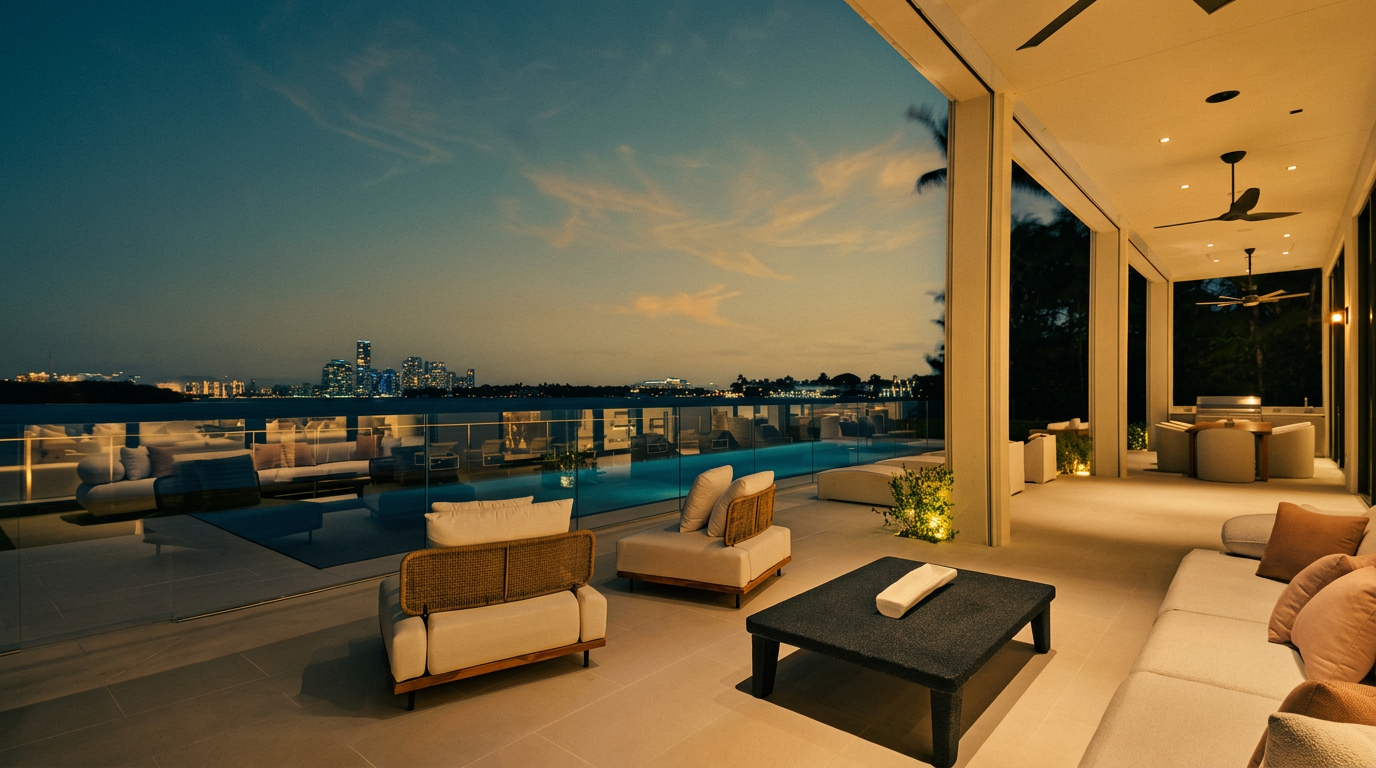 This expansive, modern covered terrace offers a luxurious outdoor living space with a seamless transition to a private infinity-edge pool. The area is furnished with contemporary lounge seating, including plush white chairs and a low-profile dark coffee table, all set against a backdrop of a stunning city skyline at dusk. The perspective captures the sophisticated indoor-outdoor flow, highlighting the sleek glass railings and the ambient lighting that creates an inviting, high-end atmosphere.