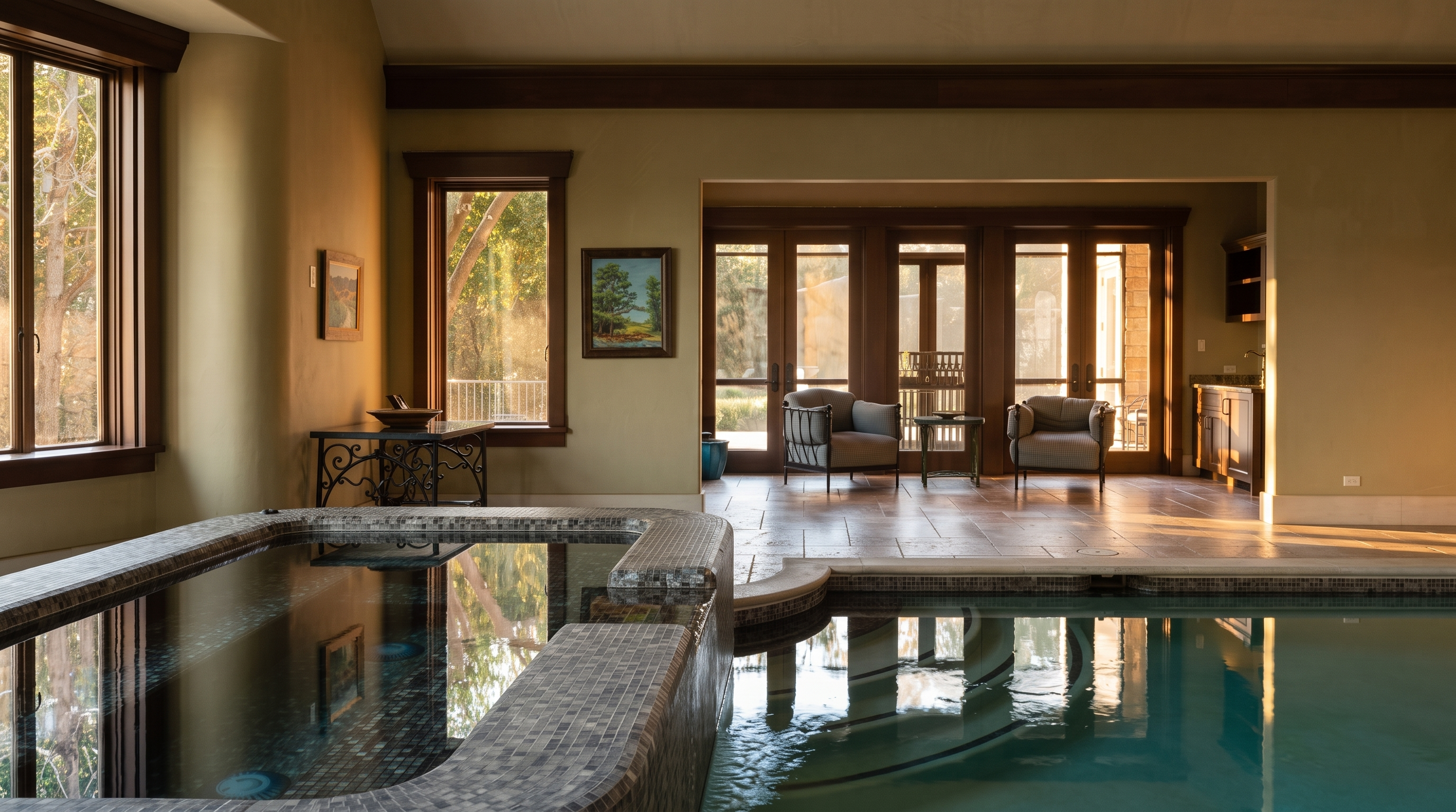 This indoor pool and spa area features a tiled hot tub adjacent to a larger swimming pool with integrated steps. The space is bathed in natural light from large windows and glass doors that lead to an outdoor patio area furnished with two armchairs. The room has a neutral color palette and a sophisticated, tranquil atmosphere suitable for relaxation.