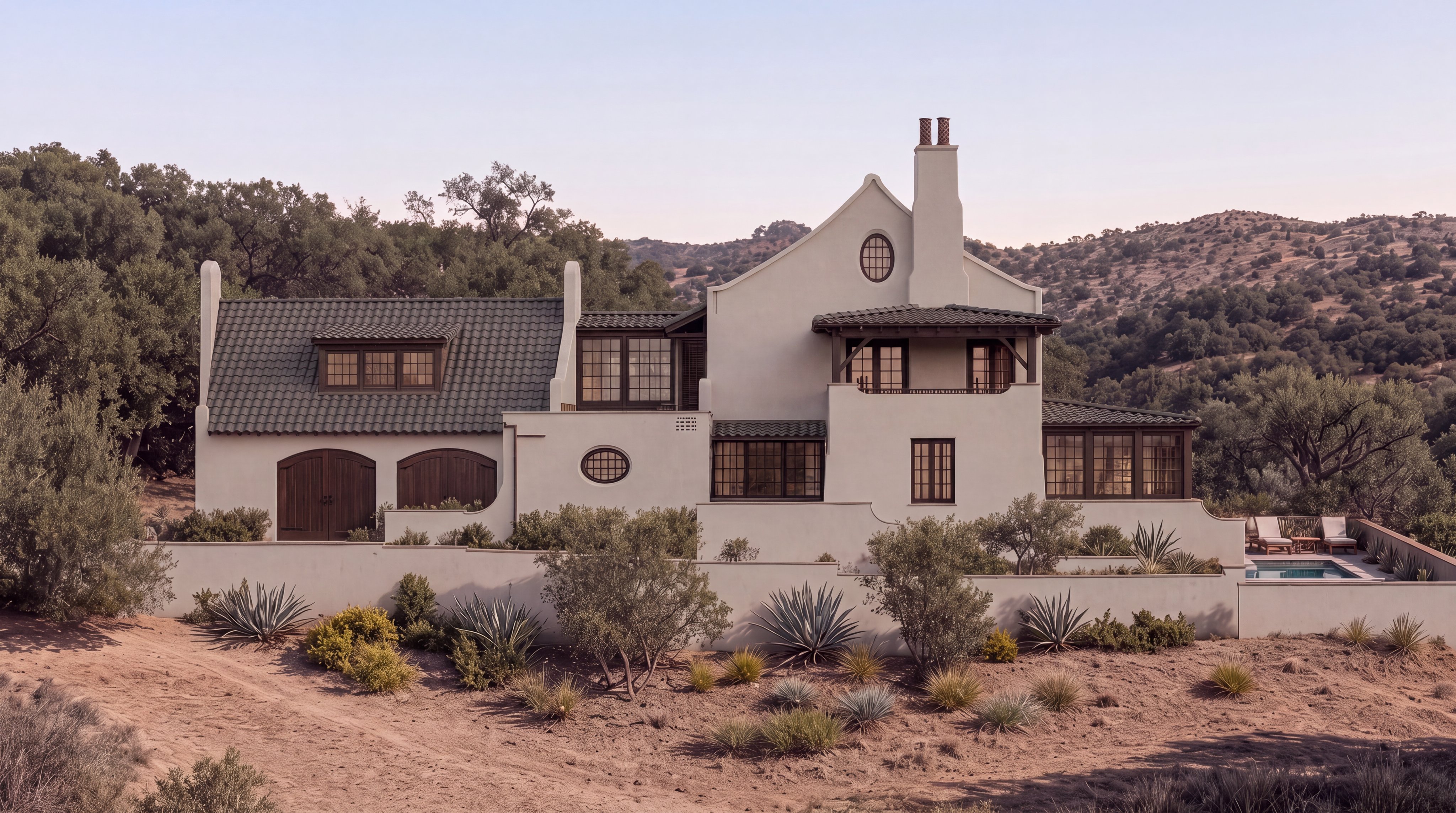 This elegant Spanish-style home features a classic white stucco facade with a contrasting green tiled roof and dark wood-framed windows. The residence is set against a serene, rolling hill landscape, complete with a beautifully landscaped yard, agave plants, and a private pool area. The architectural design emphasizes clean lines and Mediterranean charm, creating a sophisticated and peaceful retreat.