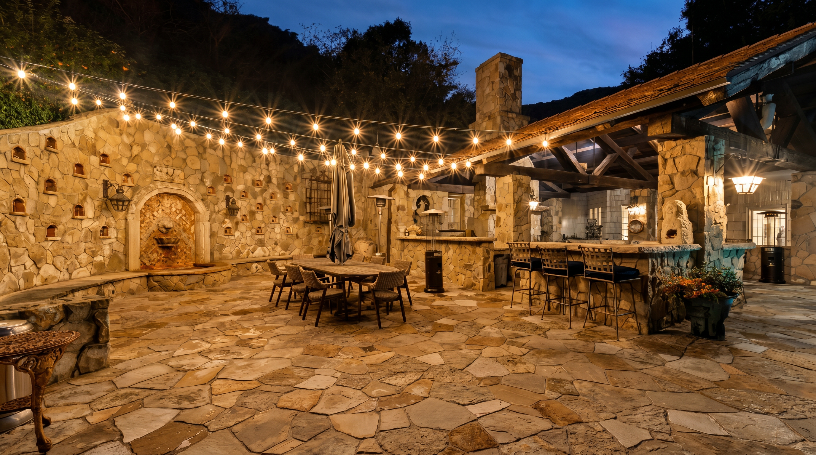 This expansive, rustic-style stone patio features a built-in outdoor kitchen and bar area under a covered timber-framed structure. The space is illuminated by a charming string of overhead bistro lights, highlighting a stone wall with a decorative fountain and integrated niches. The overall atmosphere is warm and inviting, perfect for evening entertaining in a secluded, natural setting.