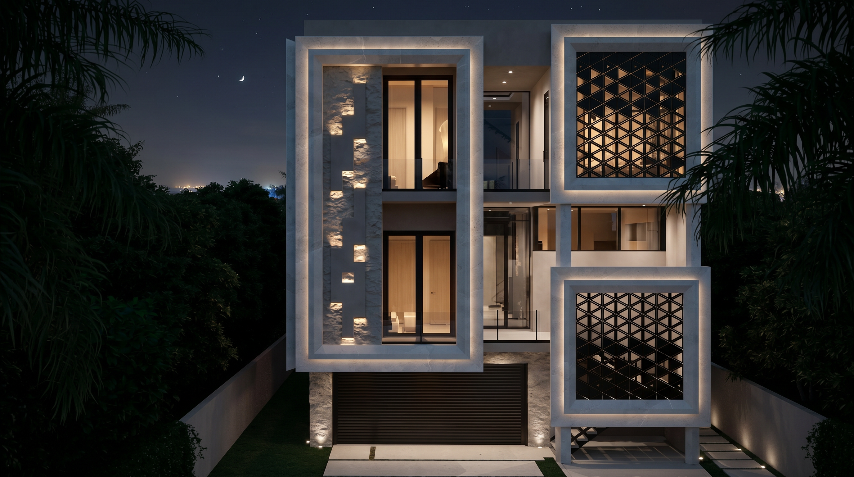 This modern, multi-story residence features a striking architectural design with a prominent, illuminated stone-clad facade and geometric framing. The exterior showcases a blend of textured stone, dark metal accents, and large glass panels, creating a sophisticated and contemporary aesthetic. The perspective is a straight-on eye-level shot that highlights the garage entrance and the verticality of the home's design.