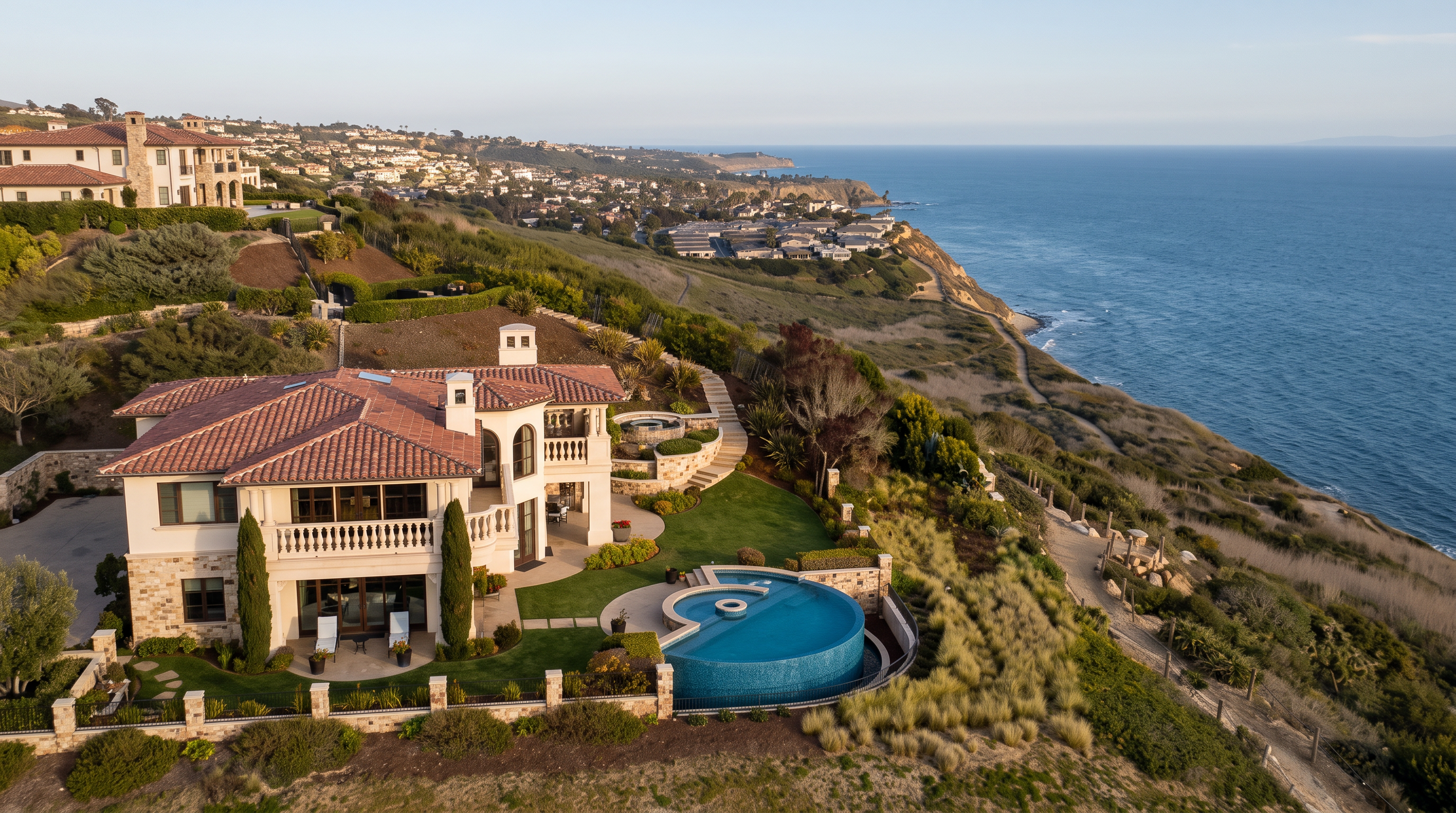 This high-angle aerial view captures a luxurious Mediterranean-style estate perched on a coastal cliff overlooking the vast blue ocean. The property features a multi-level residence with a terracotta tile roof, a curved infinity-edge pool, and manicured green lawns that transition into the rugged natural landscape. The perspective emphasizes the dramatic cliffside location and the expansive, unobstructed horizon line.