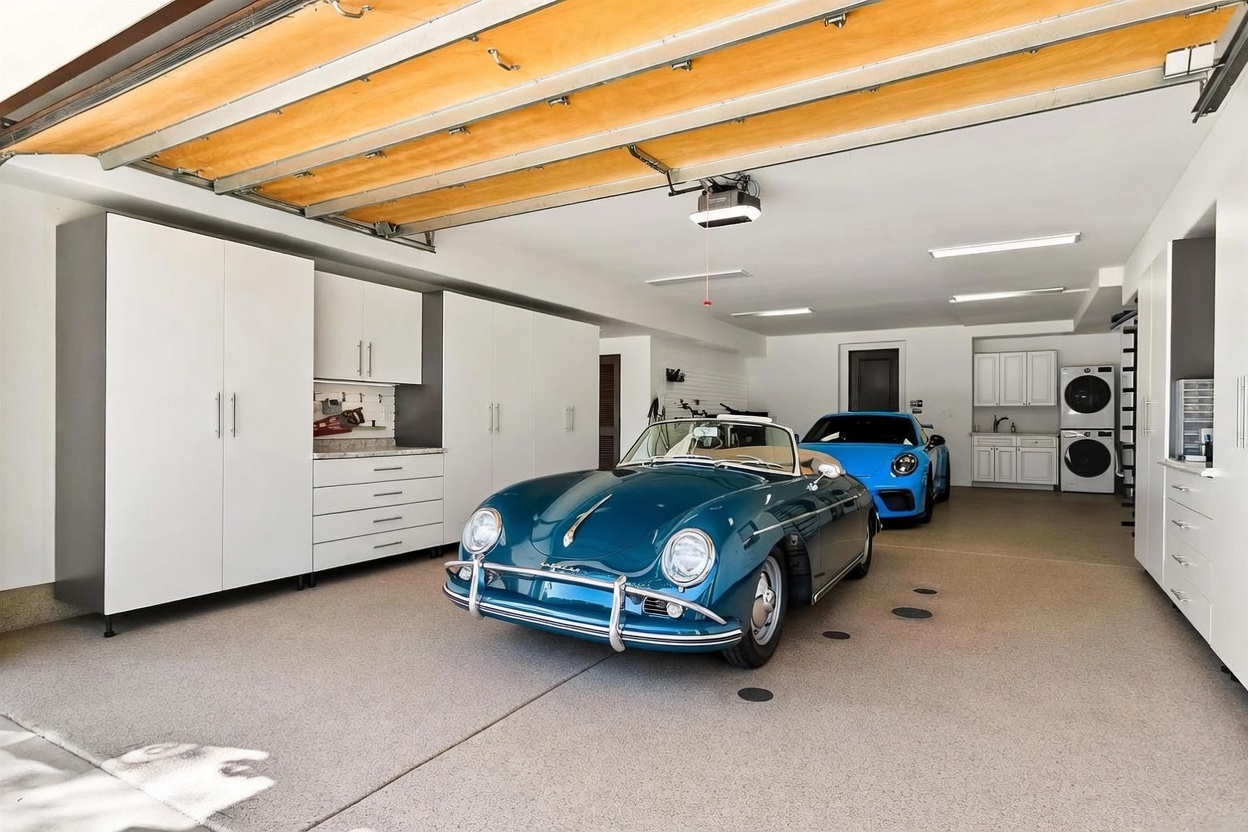 This spacious, well-organized garage features a pristine epoxy-coated floor and extensive white cabinetry for ample storage. The space is highlighted by two classic and modern Porsche vehicles parked in the center, with a dedicated laundry area tucked into the back corner. The bright, clean aesthetic is enhanced by overhead lighting and a high-clearance garage door, creating a polished and functional environment.