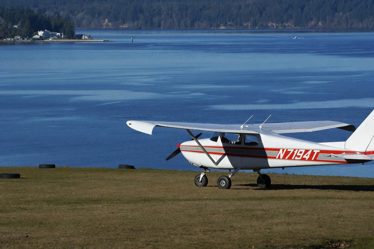 A small, white and red propeller airplane is parked on a grassy field overlooking a calm, blue body of water. The scene captures a serene, open-air setting with a distant shoreline visible in the background. The perspective is a side-profile shot of the aircraft, emphasizing its position on the property's grounds.