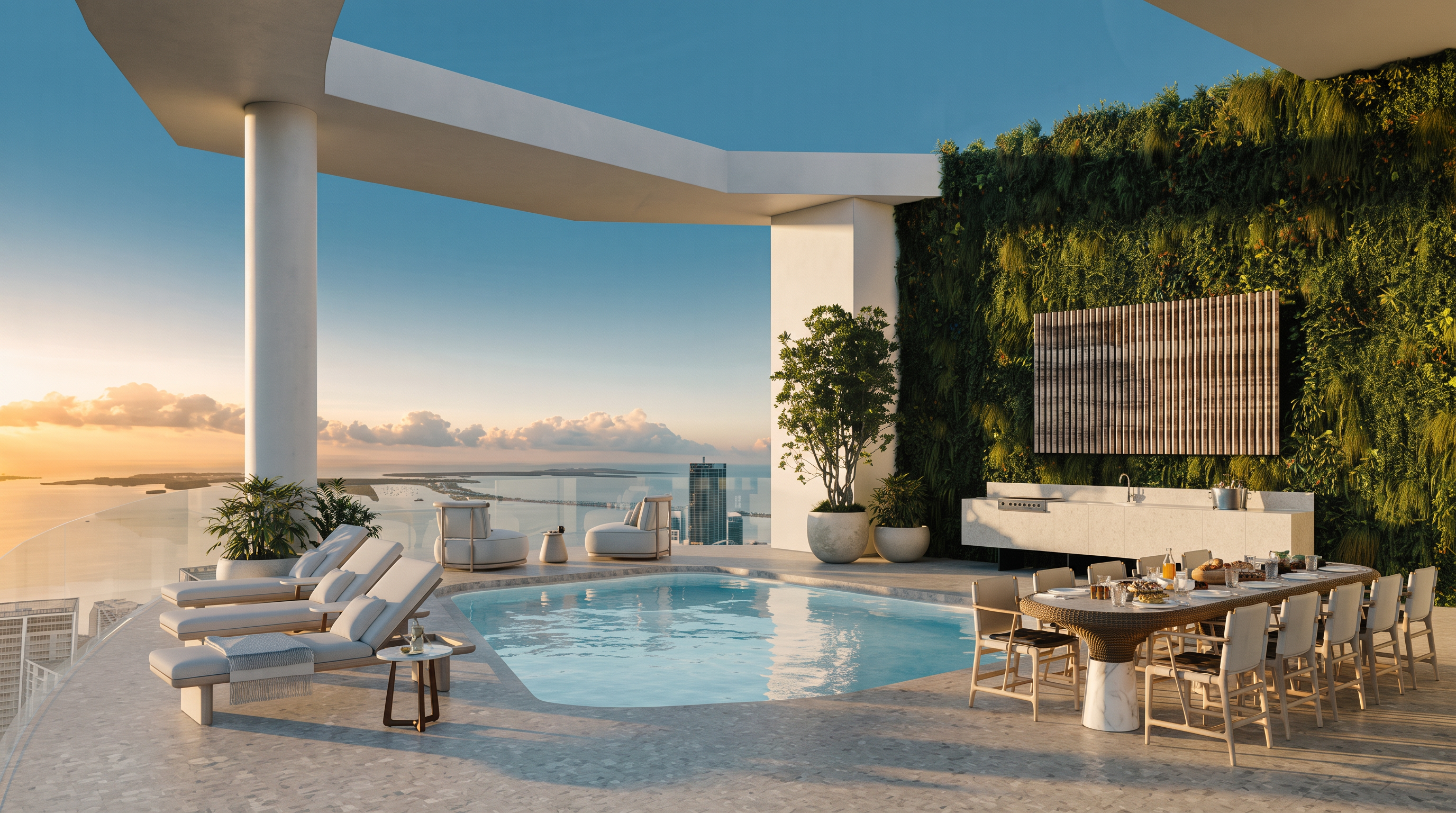 This luxurious high-rise terrace features a private swimming pool overlooking a vast coastal horizon. The space is furnished with modern lounge chairs and a large outdoor dining table, complemented by a vertical garden wall and a sleek outdoor kitchen area. The open-air design provides an expansive, panoramic view of the water and distant city skyline, creating an atmosphere of sophisticated relaxation.