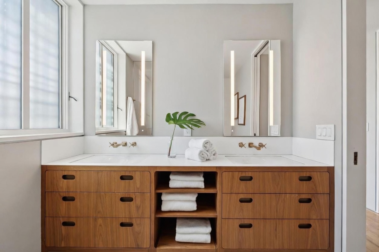 This modern bathroom features a double vanity with a warm-toned wood cabinet and a clean white countertop. Two rectangular mirrors with integrated vertical lighting are mounted above the sinks, while an open shelving unit in the center provides convenient storage for folded towels. The space is bright and minimalist, accented by a small vase with a green leaf and gold-toned faucet fixtures.