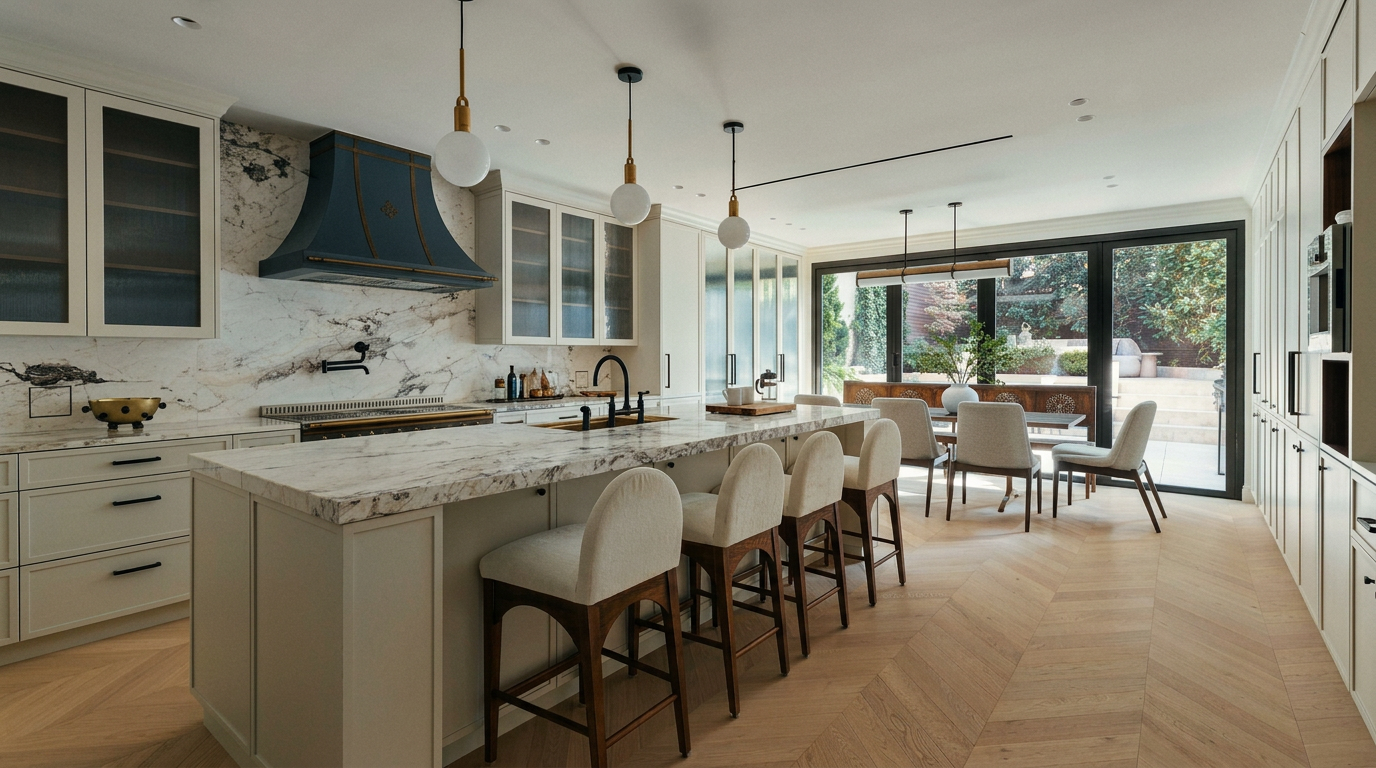 This sophisticated, high-end kitchen features a large marble-topped island with four upholstered bar stools, serving as the centerpiece of the open-concept space. The room is defined by custom light-colored cabinetry, a striking dark metal range hood, and elegant pendant lighting, all set against light wood herringbone flooring. A seamless transition to the dining area and outdoor patio through floor-to-ceiling glass doors creates an airy, luxurious atmosphere perfect for entertaining.