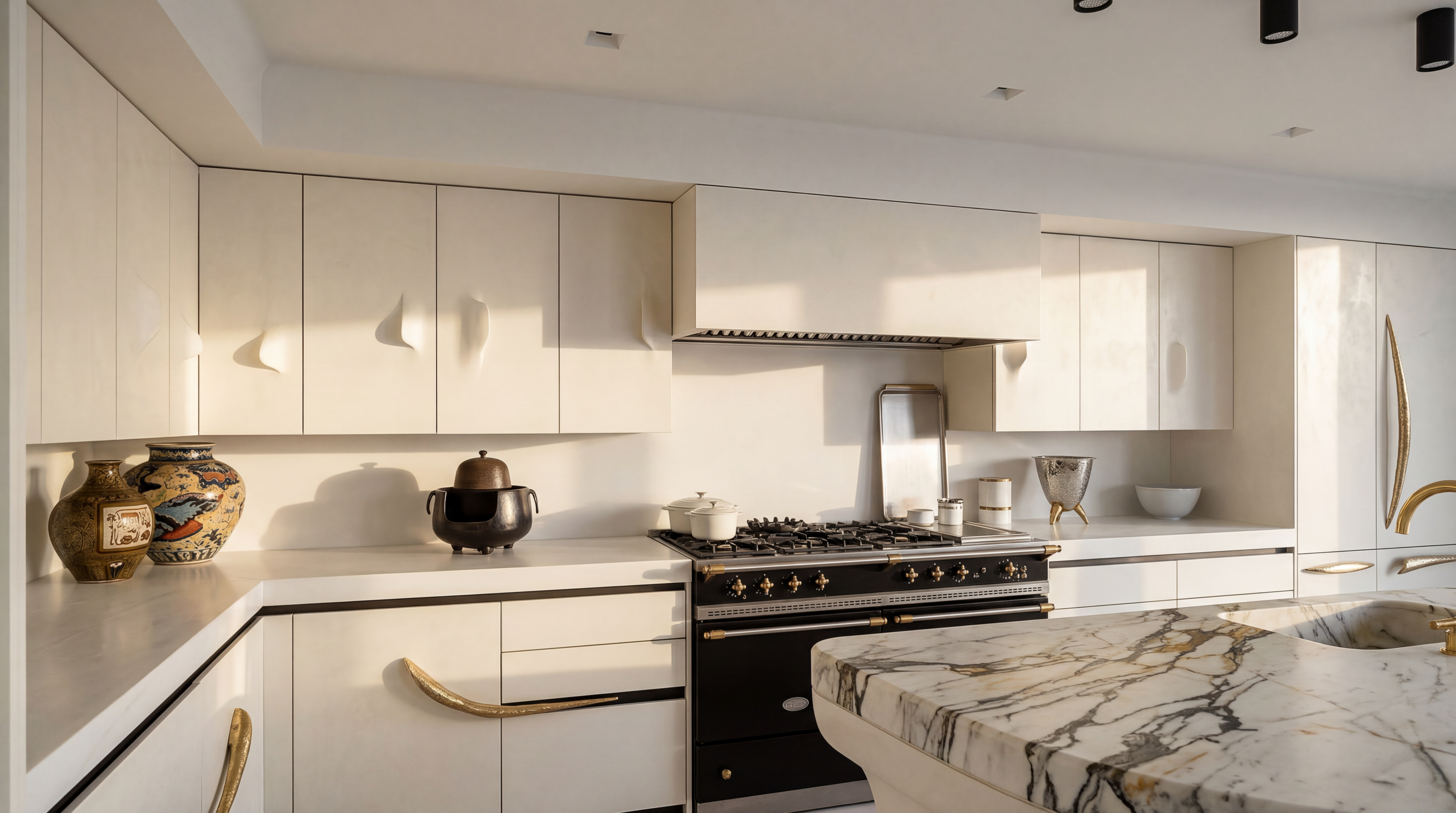 This sophisticated kitchen features sleek, matte-cream cabinetry paired with a striking black professional-grade range and custom gold-finished hardware. A large island with dramatic veined marble countertops serves as a bold focal point, complemented by artistically curated decor. The warm, golden hour sunlight enhances the high-end, contemporary aesthetic, creating an inviting and luxurious atmosphere.