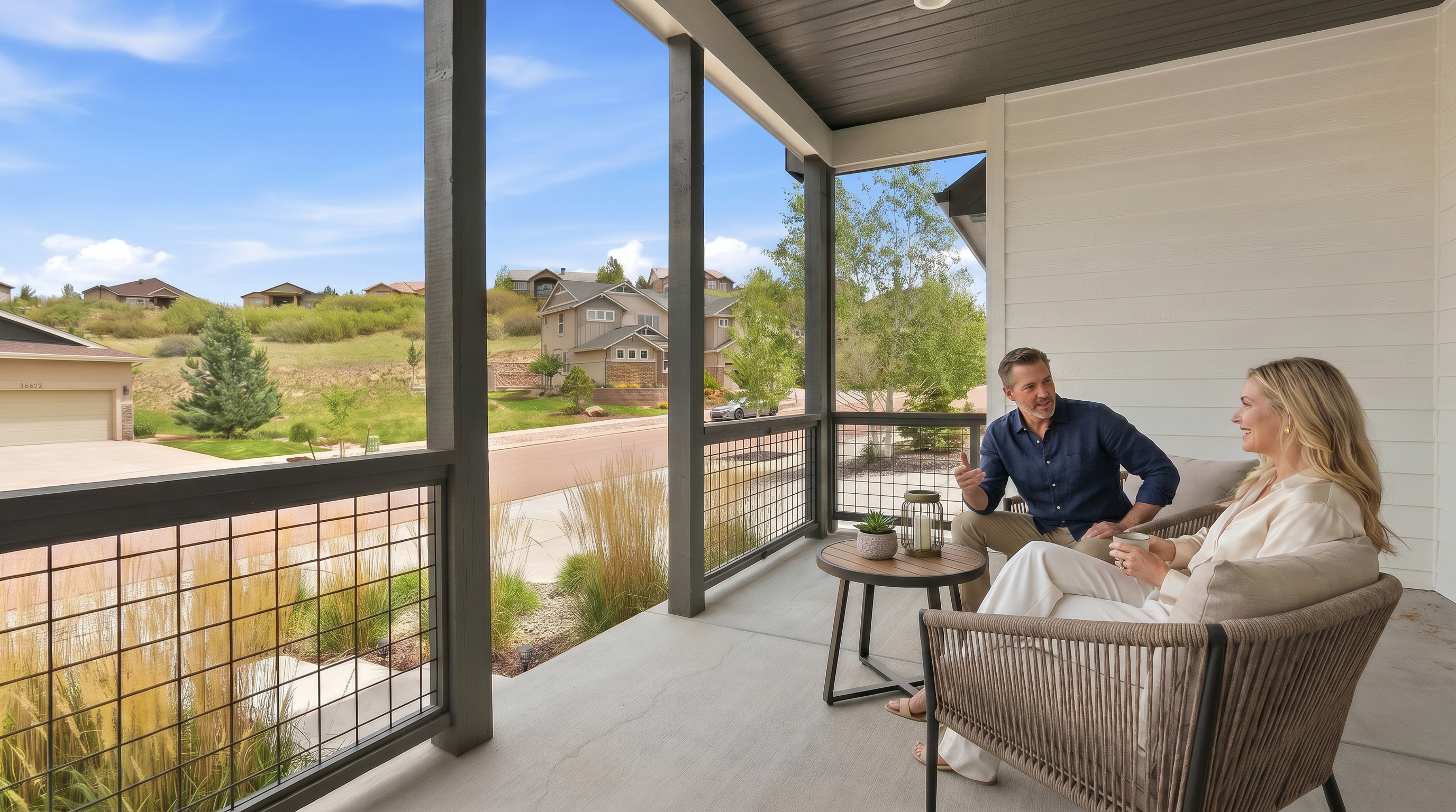 This covered concrete porch features a modern, clean aesthetic accented by dark vertical support beams and a grid-style metal railing. It offers an expansive, open-air view of the surrounding residential neighborhood, complete with landscaped xeriscaping and tall ornamental grasses. The combination of white horizontal siding and contemporary architectural elements creates a bright and welcoming transition space.