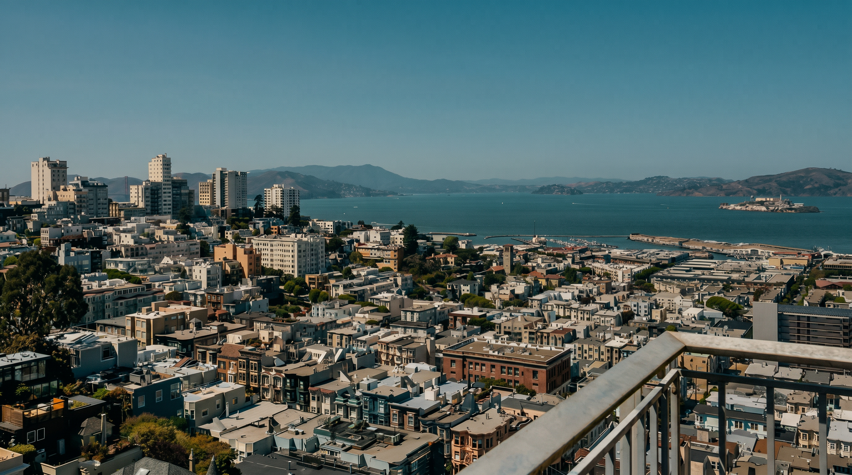 This high-angle perspective from a balcony captures a sweeping panoramic view of a dense urban cityscape leading out to a large bay. The foreground features a metal balcony railing, while the mid-ground showcases a complex grid of city buildings, streets, and rooftops. In the distance, the blue water of the bay, a prominent island, and rolling hills under a clear sky create a dramatic and expansive backdrop.