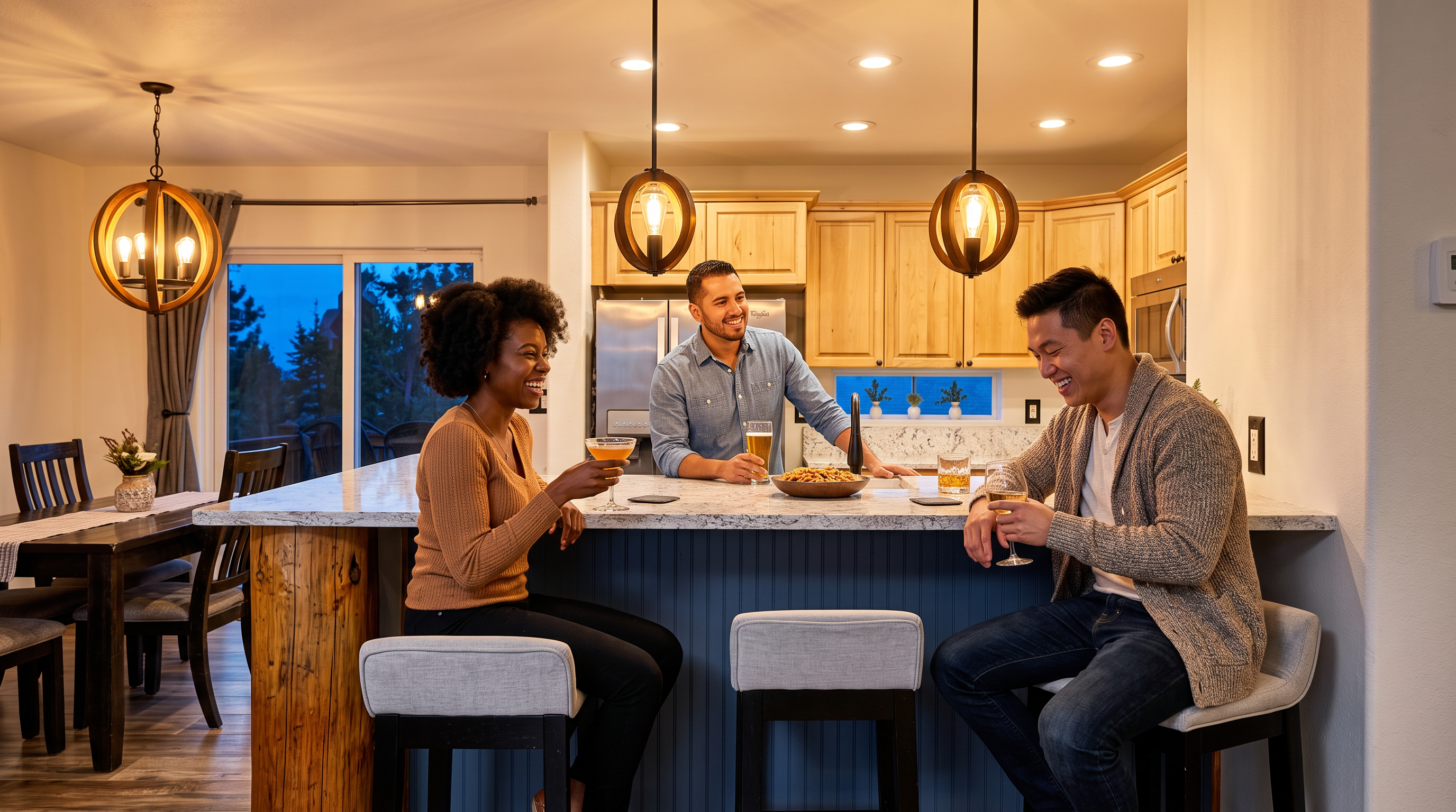 This kitchen features a large granite-topped island with casual blue paneling and bar seating, perfect for entertaining. The space includes warm natural wood cabinetry, pendant lighting, and a neutral, contemporary design that creates an inviting atmosphere. The integration of a dining area and a view of the exterior deck through the glass door highlights the open-concept layout.