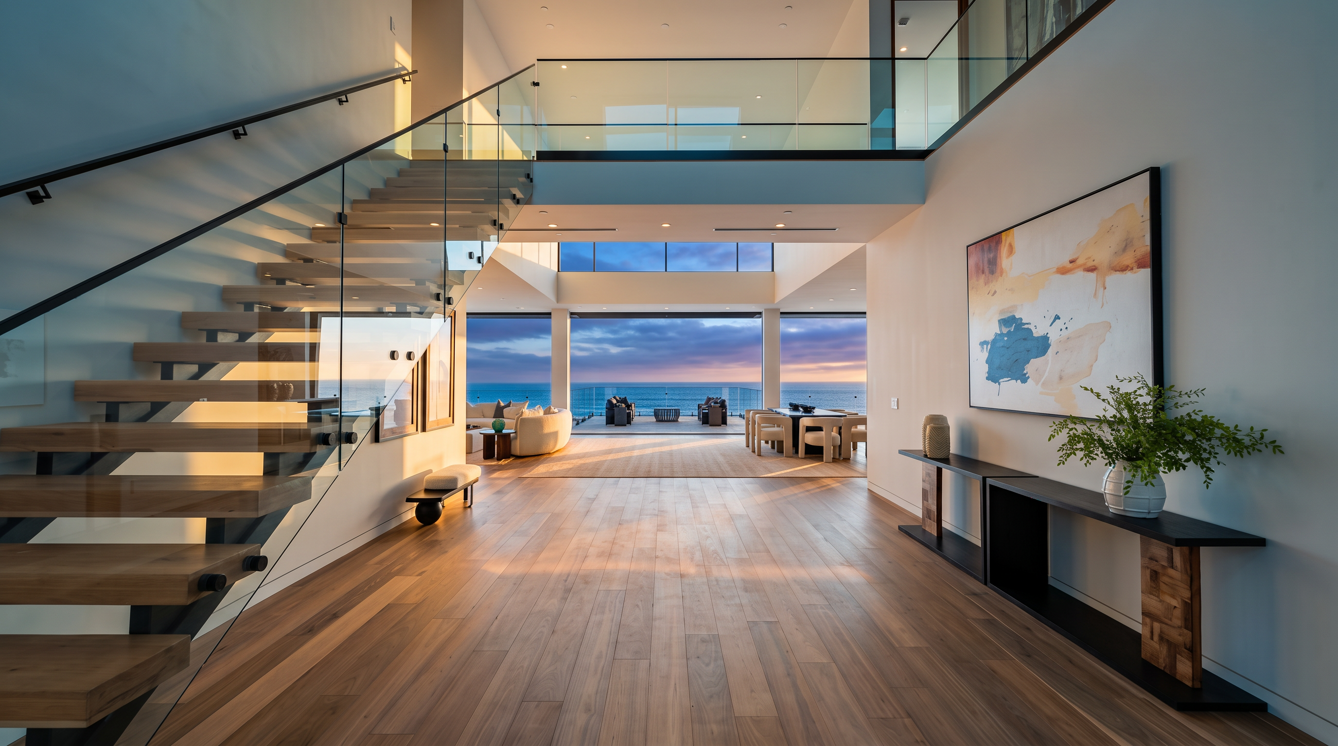 This grand, open-concept entryway features a striking floating staircase with glass railings and light wood treads that leads to an upper-level landing. The space flows seamlessly toward a wall of large windows that frame a panoramic ocean view, creating a bright and airy atmosphere. A minimalist console table sits against the right wall beneath a large piece of abstract art, emphasizing the home's modern and sophisticated aesthetic.