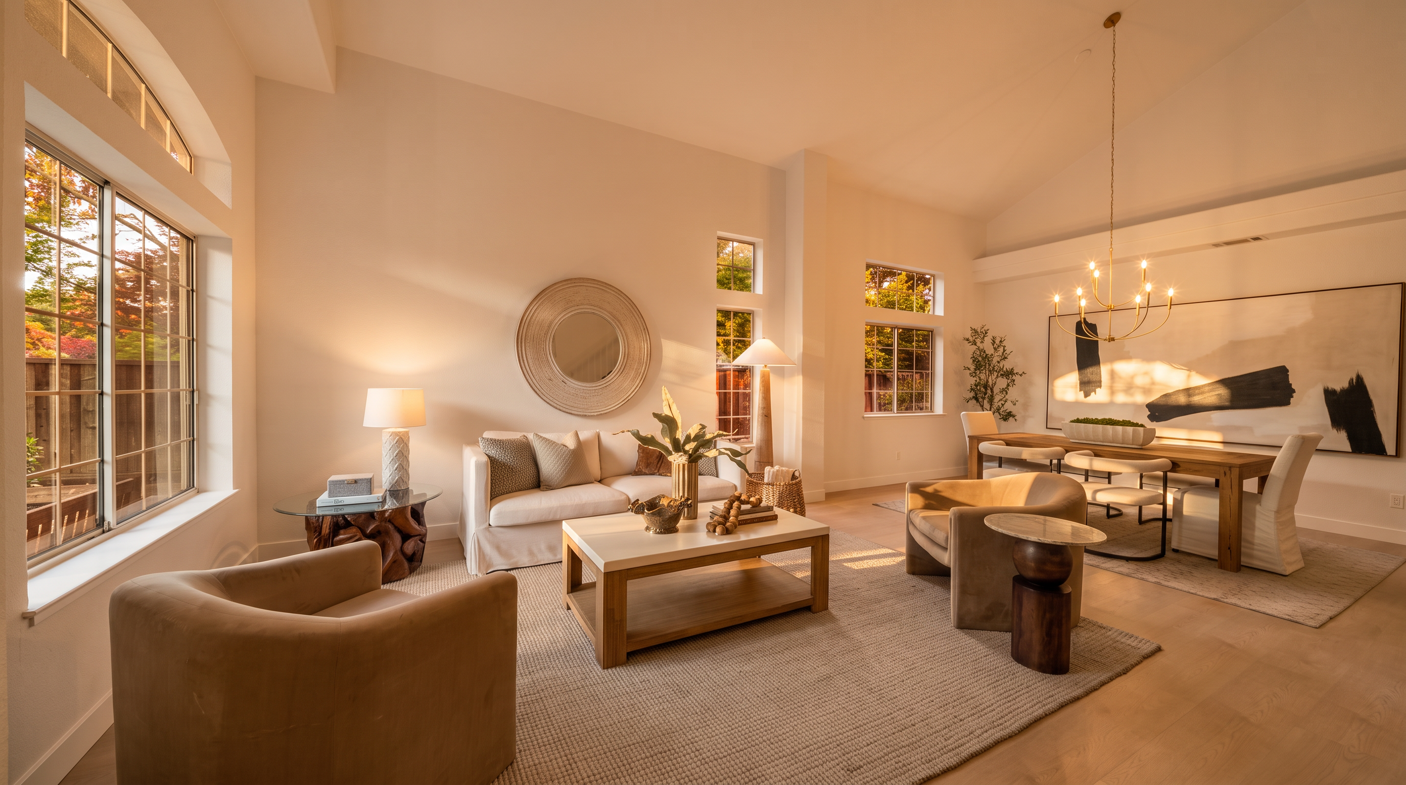 This bright and airy open-concept living and dining area features high ceilings and light-toned wood flooring. The living space is anchored by a neutral sofa, two curved accent chairs, and a central coffee table, while the adjacent dining area is defined by a long wooden table and a statement chandelier. Large windows throughout the space allow for abundant natural light, creating a sophisticated and inviting atmosphere.