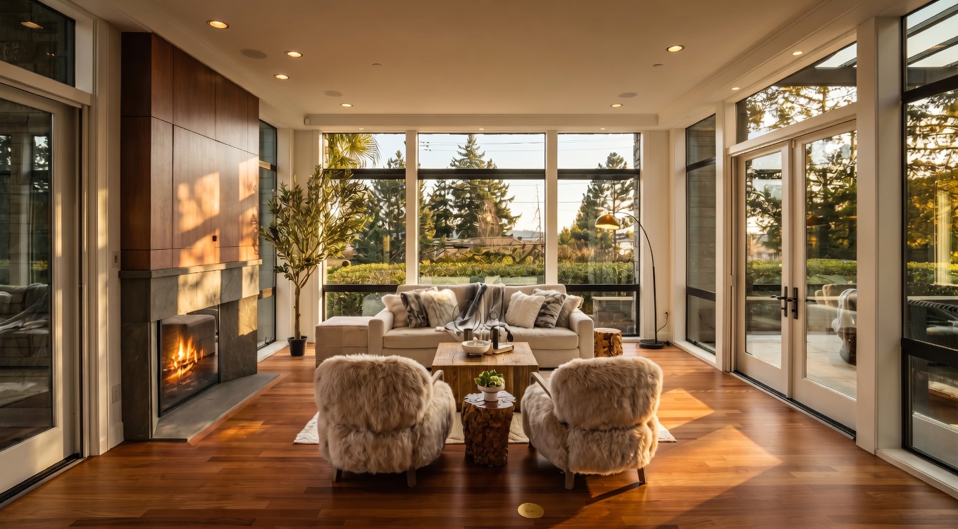 This bright and airy living room features warm wood flooring and expansive windows that provide a panoramic view of the surrounding greenery. The space is anchored by a stone-clad chimney breast and a cozy seating area with a light-colored sofa and two textured armchairs. The room is bathed in natural light, creating an inviting and sophisticated atmosphere perfect for relaxation.