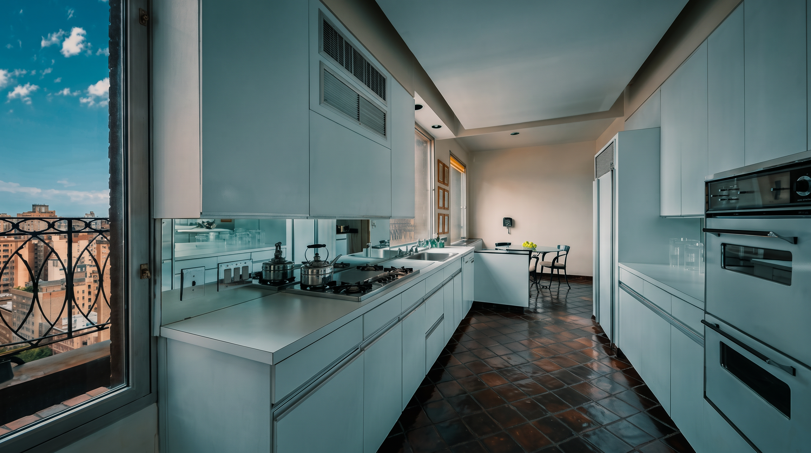 This galley-style kitchen features sleek white cabinetry, a built-in wall oven, and a gas cooktop set into a long counter. A mirrored backsplash reflects the space, while dark, patterned tile flooring adds contrast to the bright, minimalist design. Large windows on the left provide a view of the city skyline, and the space opens into a small dining area at the far end.