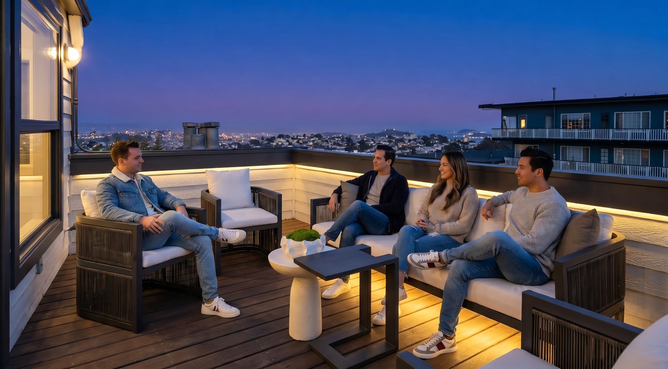 This elevated rooftop deck offers a serene outdoor living space with panoramic views of the city skyline at dusk. The area is furnished with a modern dark-framed sofa and matching chairs, accented by neutral cushions and a sculptural side table. The dark wood decking and clean, minimalist railing create a sophisticated atmosphere perfect for evening relaxation.