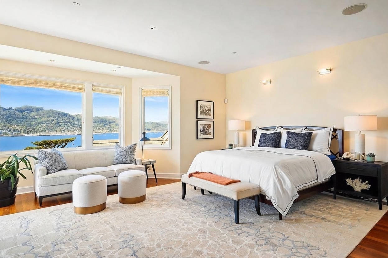 This spacious primary bedroom features a large bed with a dark wood frame, flanked by matching nightstands and lamps. A cozy seating area with a light-colored sofa and two ottomans is positioned near large windows that offer a panoramic view of the water and hills. The room is decorated in a neutral palette with a large patterned area rug, creating a serene and luxurious atmosphere.
