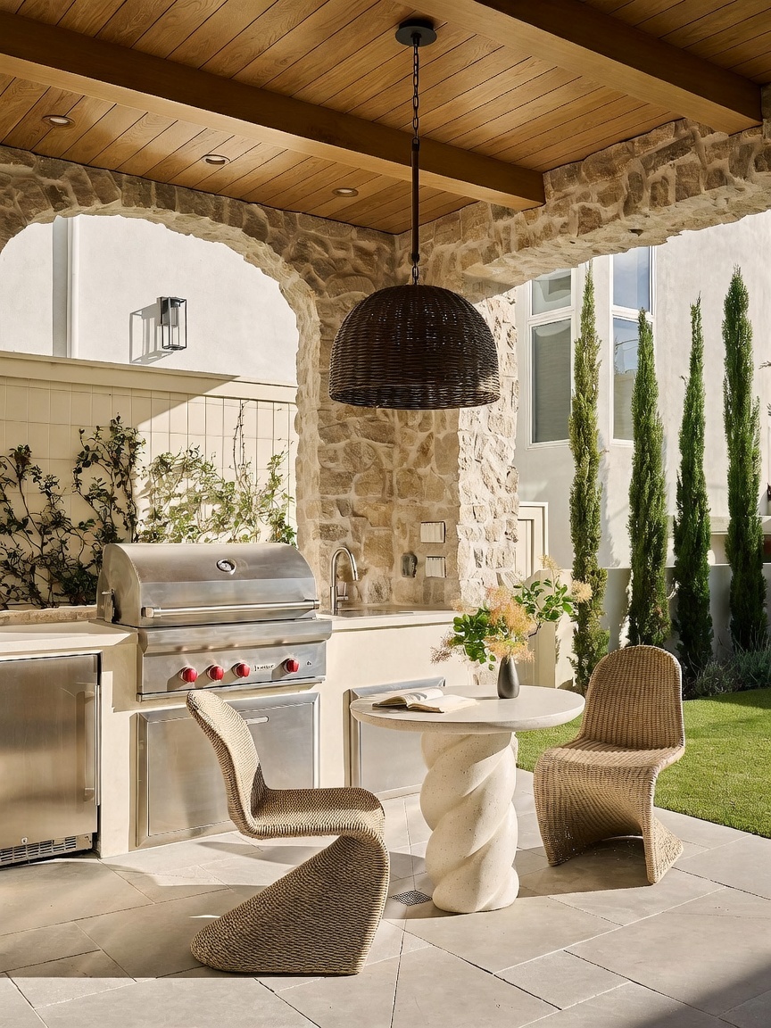 This elegant outdoor kitchen and dining area features a stone-clad arched structure with a wood-paneled ceiling and a large woven pendant light. The space is equipped with a stainless steel grill, a sink, and a small bistro table with two woven chairs, all set against a backdrop of manicured cypress trees. The perspective is a straight-on eye-level shot that highlights the sophisticated, Mediterranean-inspired design of this luxury outdoor living space.