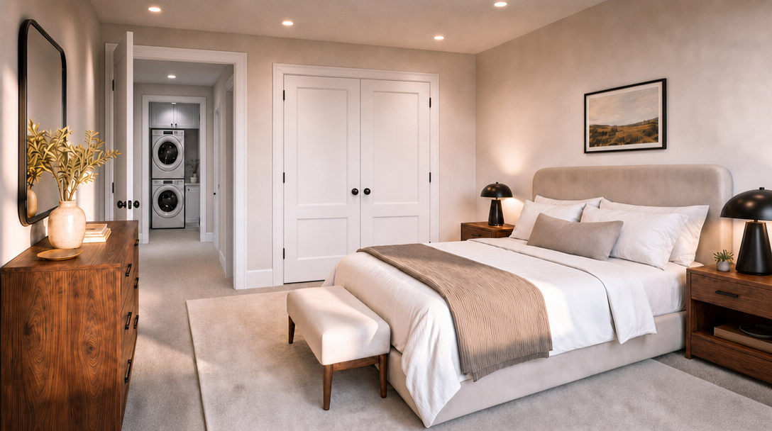 This primary bedroom features a neutral color palette with a contemporary aesthetic, centered around a plush upholstered bed with soft linens. The room includes a warm wood dresser, matching bedside tables, and direct access to a separate laundry closet. Large double doors provide closet space, contributing to a clean and well-organized living environment.