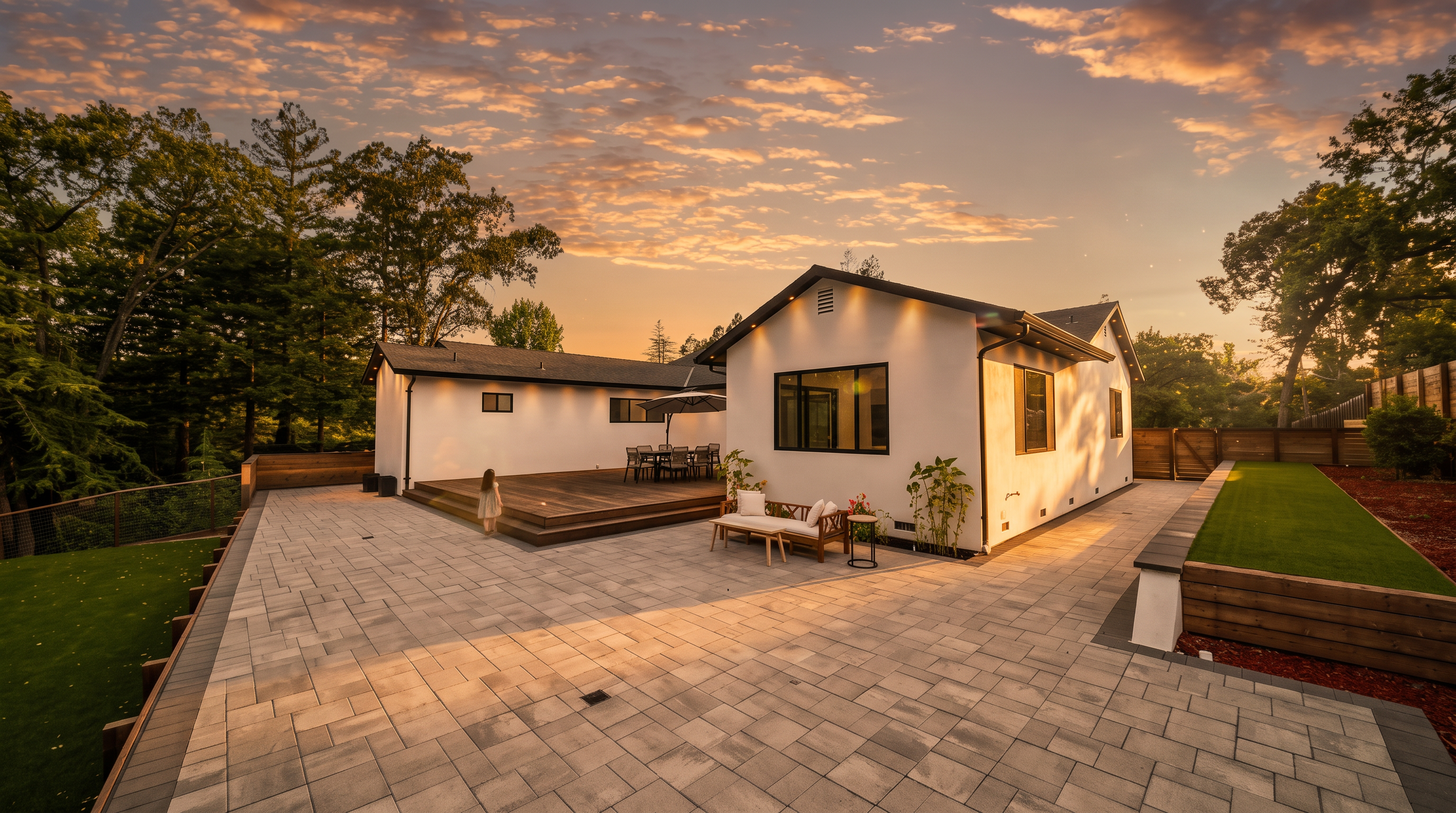 This rear exterior view showcases a modern, white-stucco home with a spacious paver patio and an elevated wooden deck. The scene is captured at sunset, highlighting the warm ambient lighting on the house and the expansive, landscaped yard with a raised garden bed. The composition emphasizes a seamless transition between indoor and outdoor living spaces, perfect for entertaining.