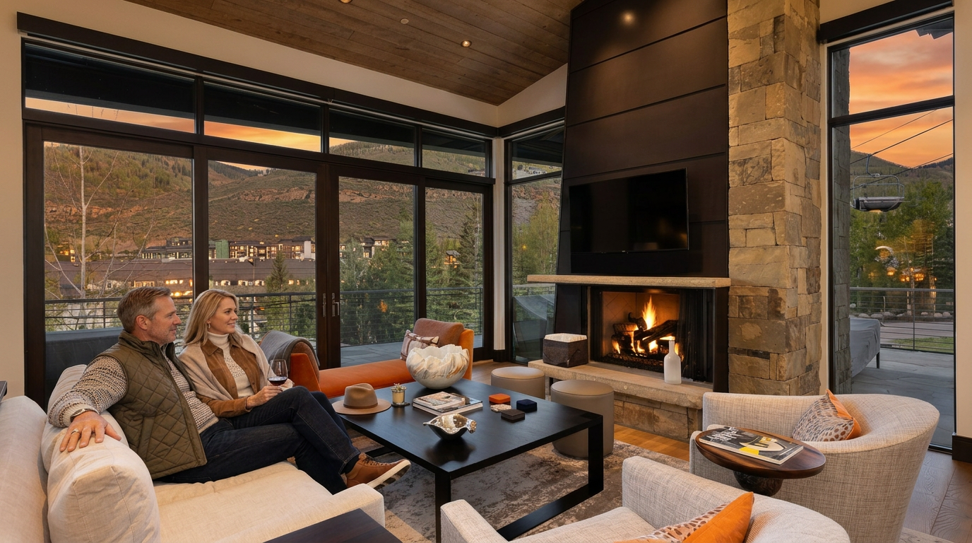 This sophisticated living room features a prominent stone-clad chimney breast and a sleek, dark metal paneling surrounding the television. Large windows and glass doors provide expansive views of the surrounding mountains and ski lift, while a light wood-paneled ceiling adds warmth to the space. The room is furnished with a comfortable sofa, two armchairs, and a vibrant orange chaise lounge, all centered around a dark coffee table on a textured area rug.