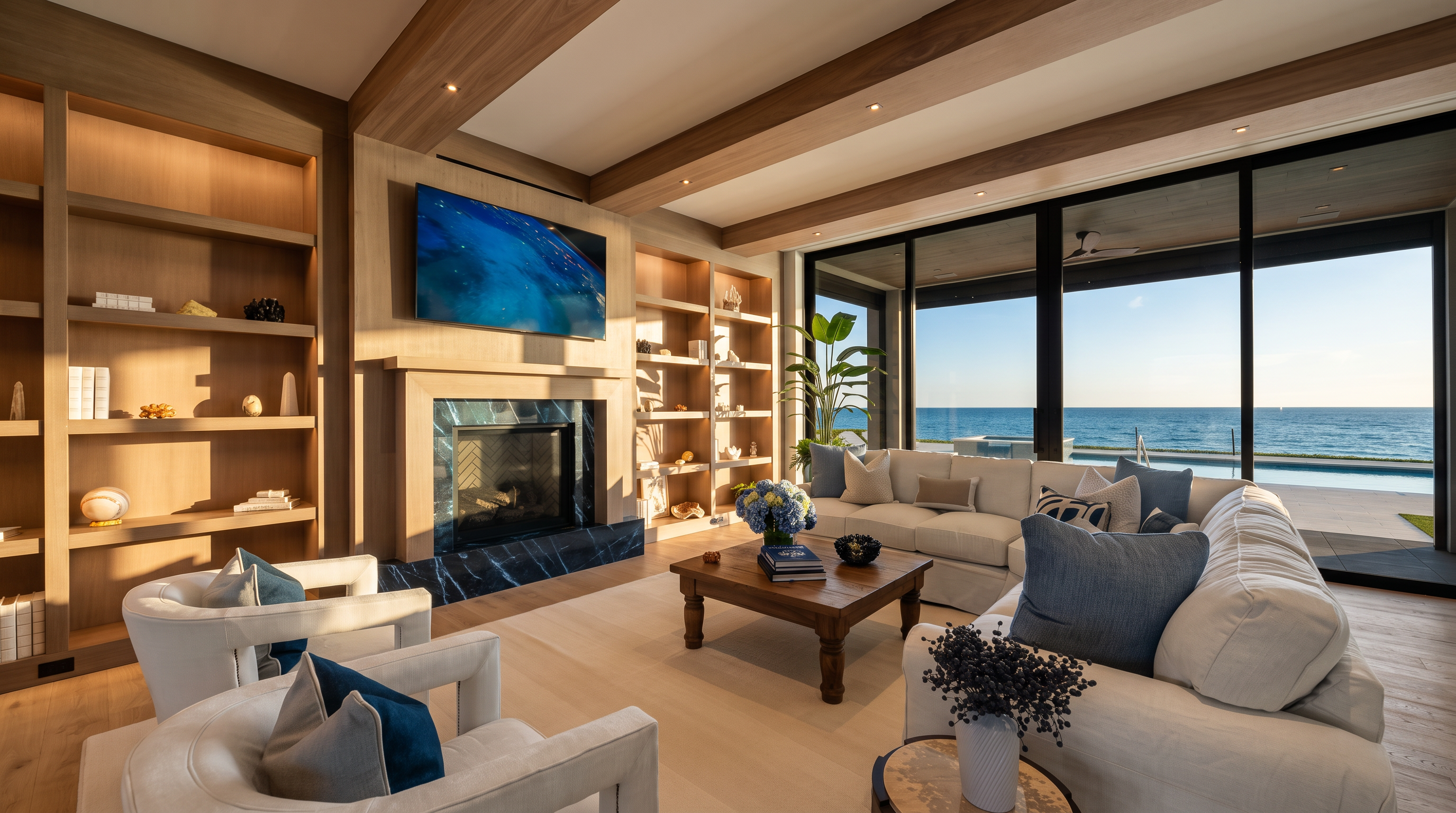 This sophisticated living room features a neutral color palette with light wood cabinetry and ceiling beams, centered around a striking blue stone fireplace surround. A large sectional sofa and two swivel armchairs provide ample seating, while expansive glass doors offer a seamless transition to the outdoor pool and ocean view. The space is accented with blue decorative pillows and a floral centerpiece, creating a serene and luxurious coastal atmosphere.