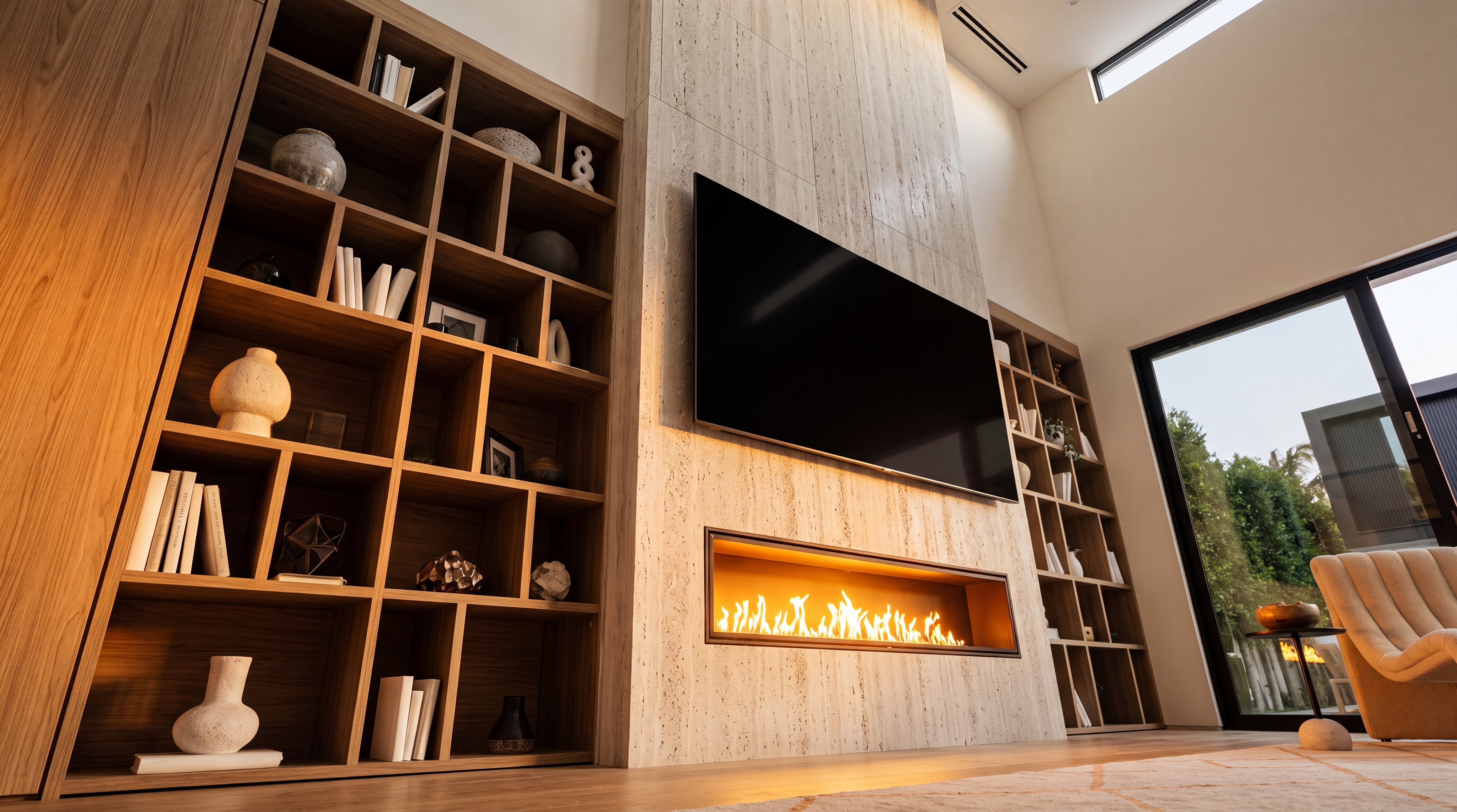 This sophisticated modern living room features a striking floor-to-ceiling stone fireplace surround with an integrated linear firebox and a mounted television. Custom wood built-in shelving provides elegant display space for decor, while expansive floor-to-ceiling windows flood the area with natural light and frame an outdoor view. The overall aesthetic is warm, contemporary, and emphasizes refined architectural textures.