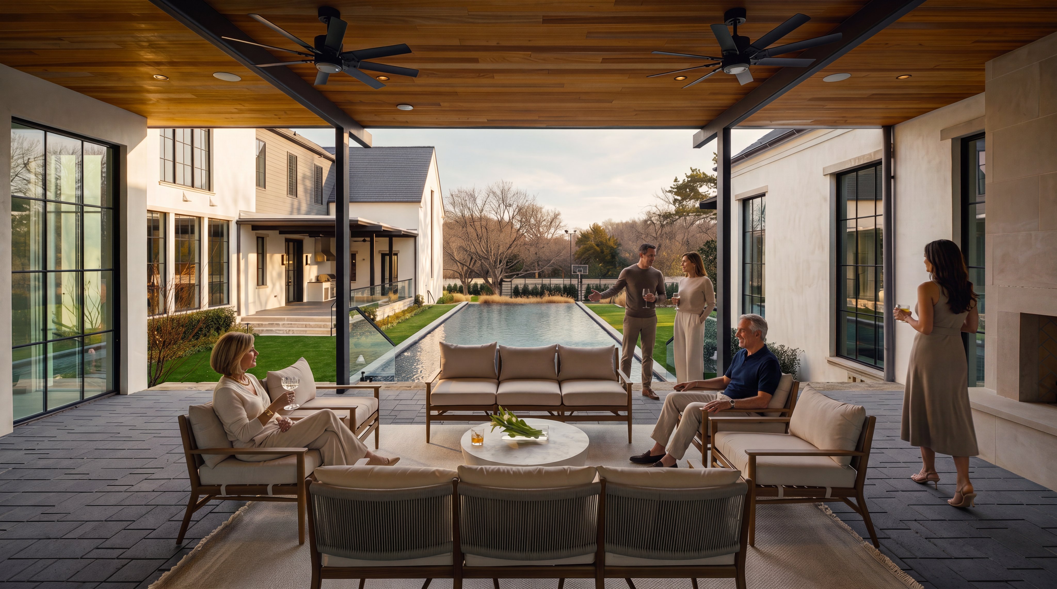 This expansive covered patio features a sophisticated outdoor living area with a symmetrical arrangement of light-toned seating around a central circular stone coffee table. The space is defined by a warm wood-paneled ceiling with dual ceiling fans, overlooking a long, narrow swimming pool and a manicured lawn. Large glass panels provide an unobstructed view of the backyard, creating a seamless transition between the indoor-outdoor living space and the landscape.