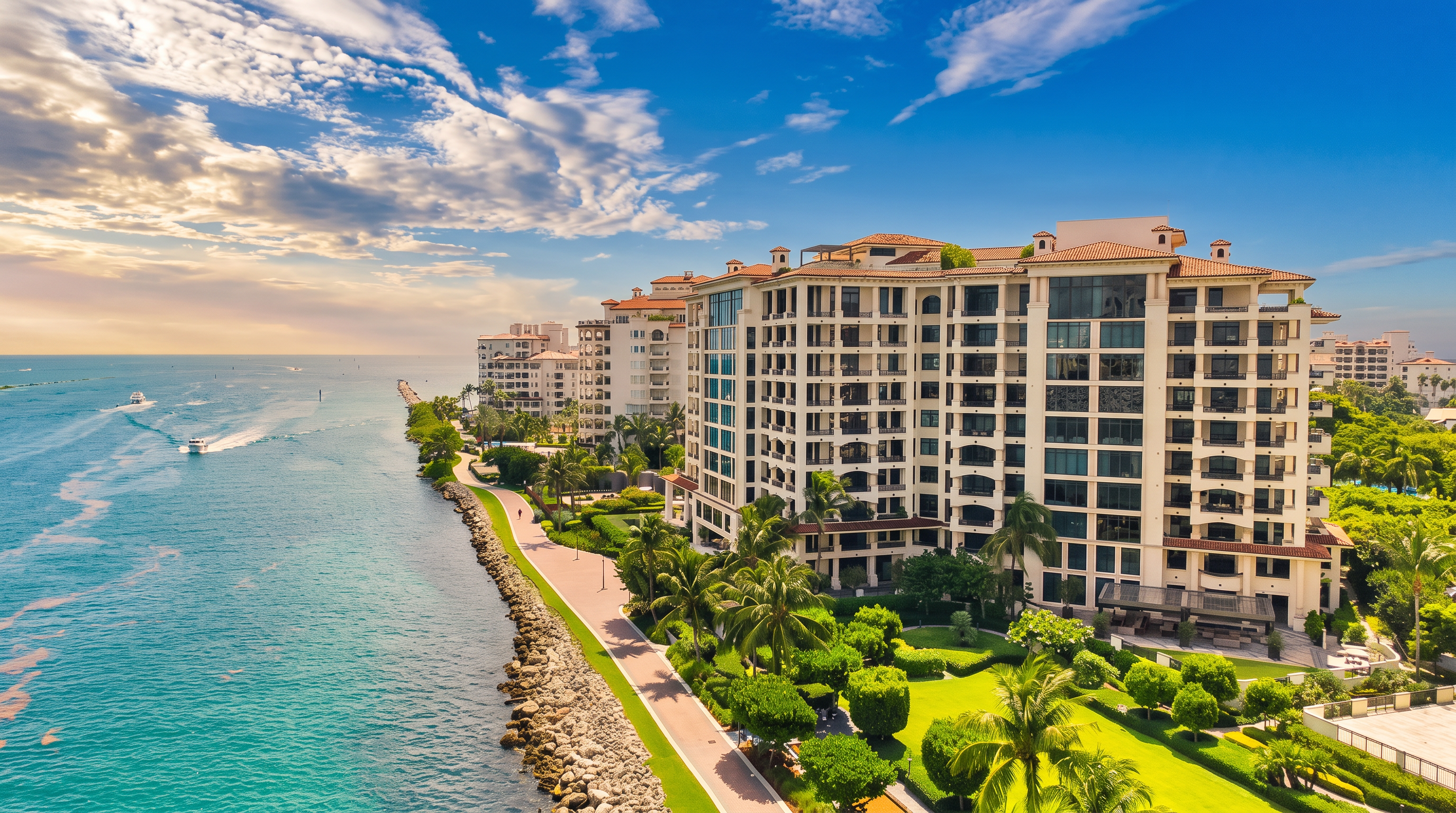 This high-angle aerial shot captures a large, multi-story residential building complex situated directly along a vibrant turquoise coastline. The property features a manicured green lawn, lush palm trees, and a paved walking path that follows the rocky shoreline. The bright blue sky and clear water create a serene, upscale coastal atmosphere, highlighting the prime waterfront location of the estate.