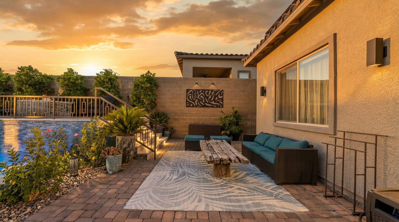 This inviting outdoor patio space features a comfortable seating area with a dark wicker sofa and a rustic wooden coffee table set atop a patterned area rug. The space is paved with stone pavers and includes a set of illuminated stairs leading up to a pool area, creating a warm and sophisticated atmosphere. The scene is captured at dusk, with the vibrant colors of the sunset providing a dramatic backdrop to the well-lit, modern backyard retreat.