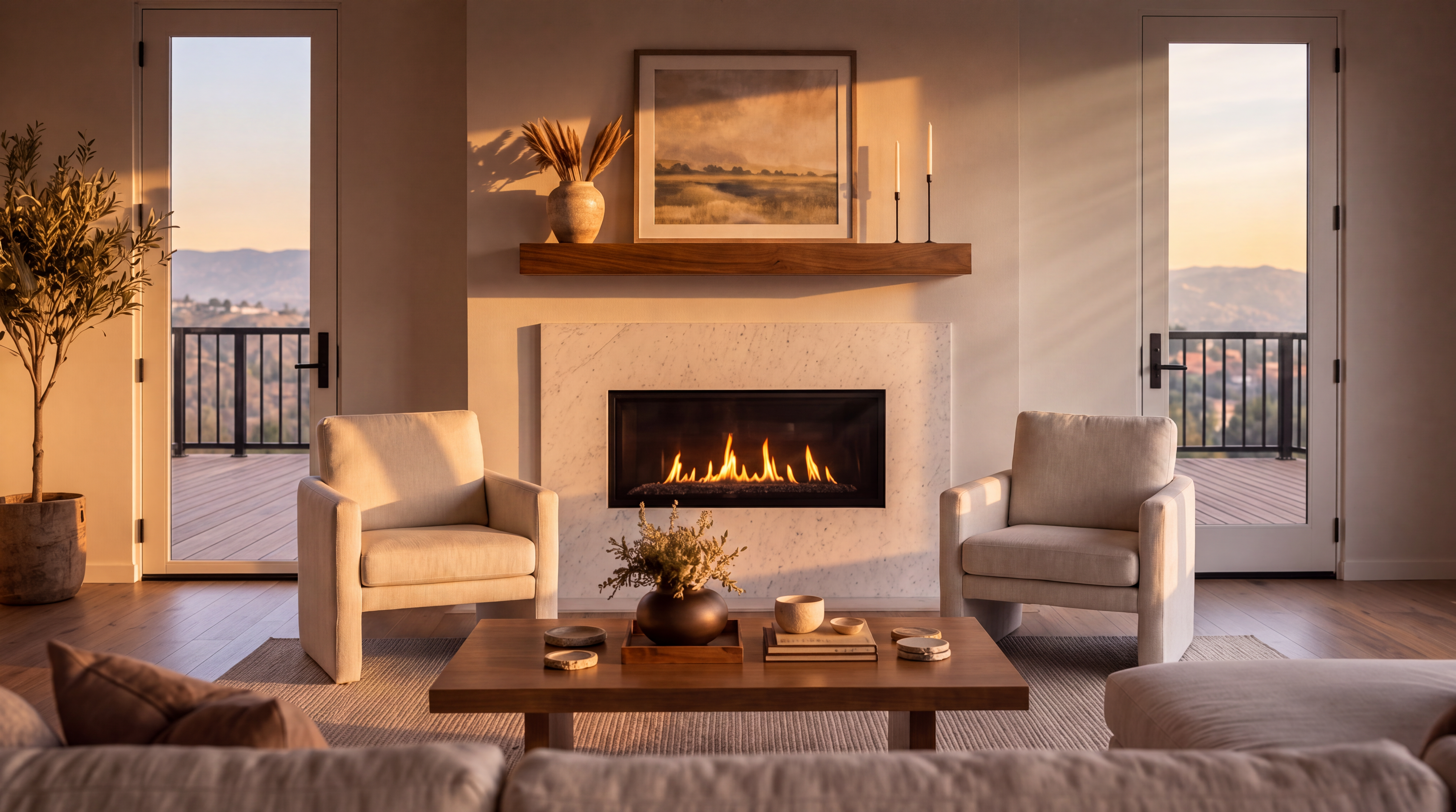 This living room features a serene, contemporary design with a warm neutral color palette and hardwood flooring. The centerpiece is a marble fireplace with a wood mantel, flanked by elegant armchairs and a spacious, comfortable sofa. Large windows and glass doors provide an abundance of natural light and beautiful views of the surrounding hills, creating an airy and sophisticated atmosphere.