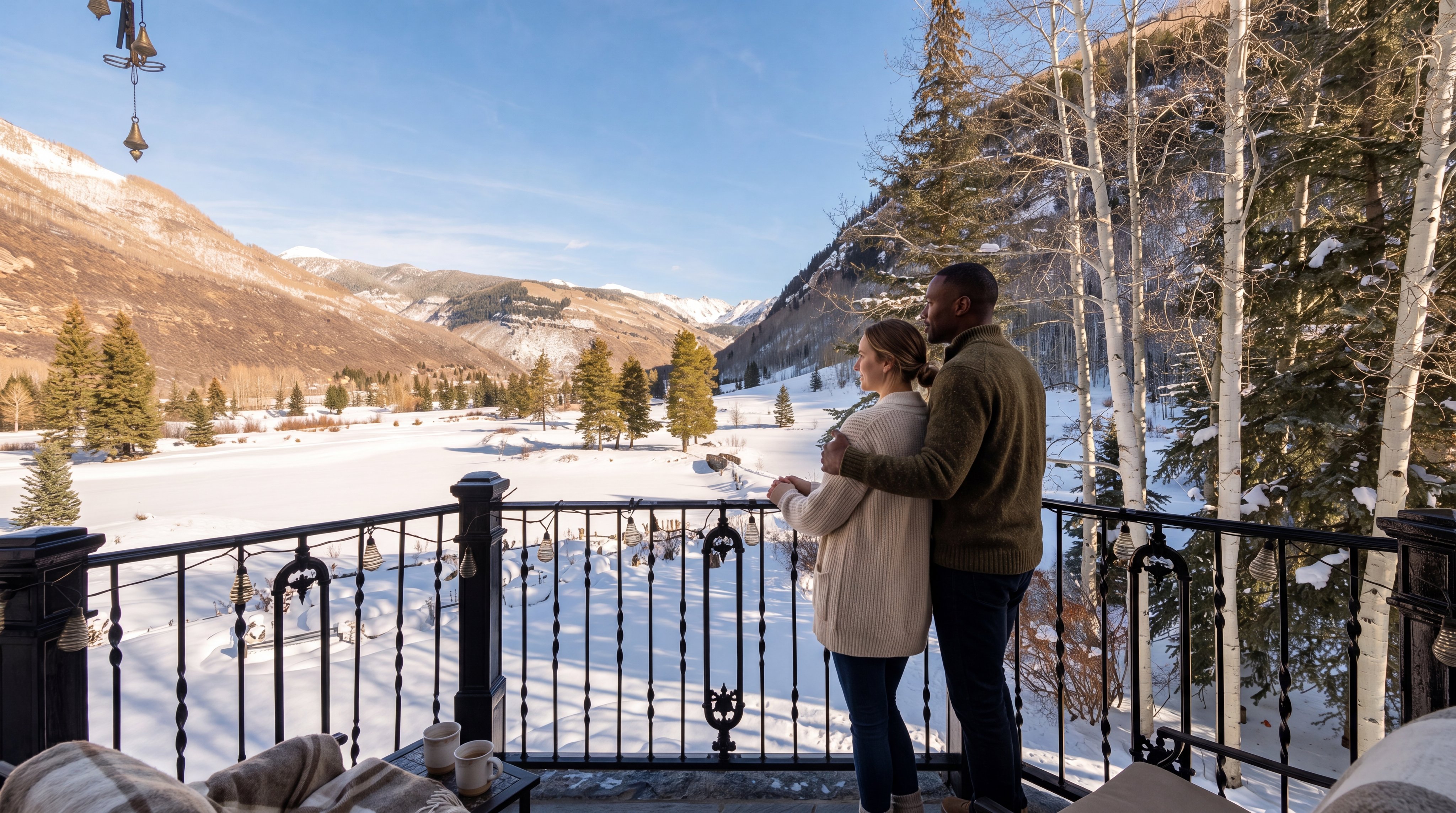 This image captures a scenic view from a stone-floored balcony, framed by an ornate black metal railing. The perspective looks out over a vast, snow-covered landscape featuring scattered evergreen trees, bare aspen trunks, and distant, majestic snow-capped mountains under a clear blue sky. The setting evokes a serene, high-altitude mountain retreat atmosphere.