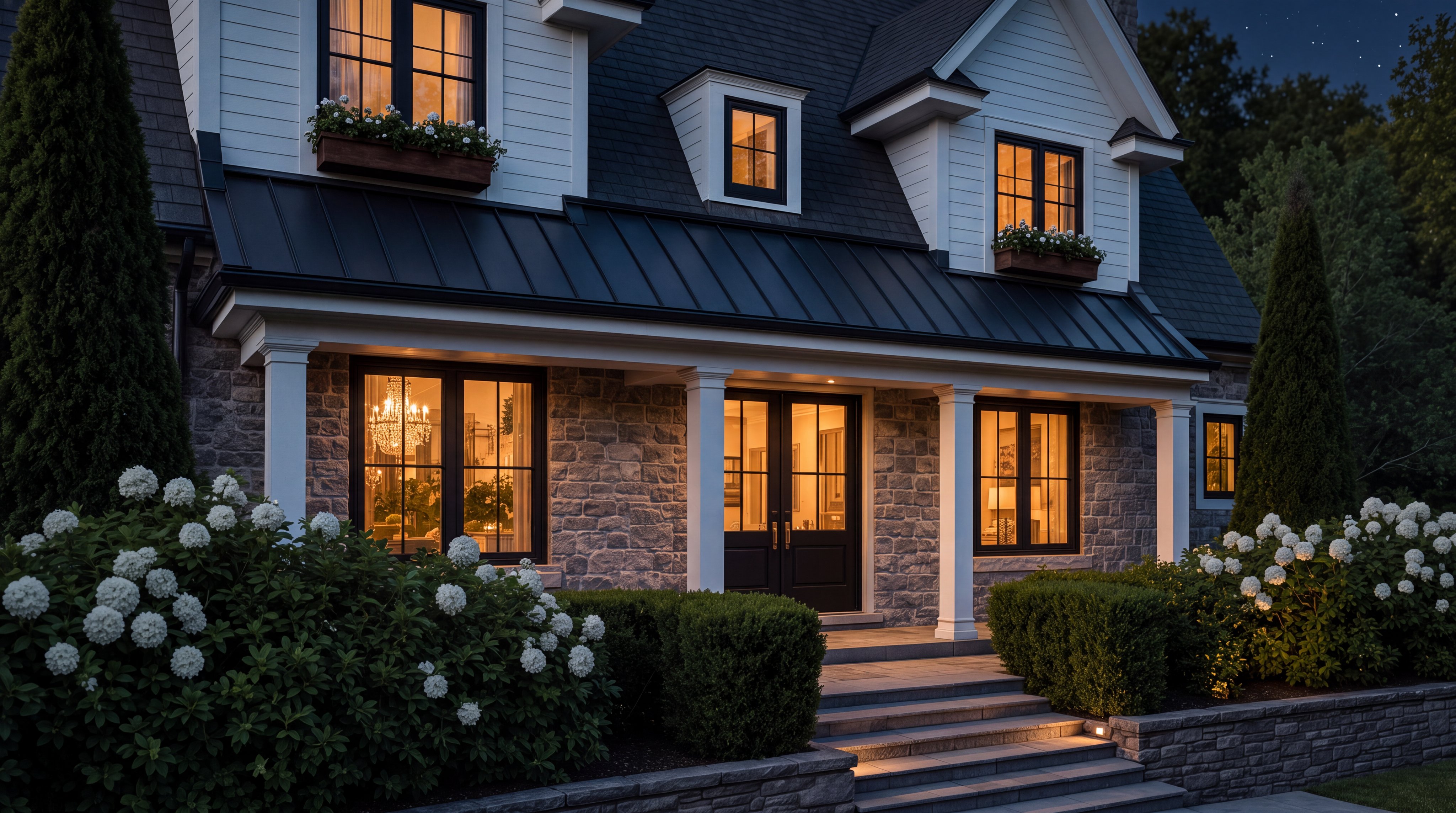 This charming suburban residence features a classic architectural style with a blend of stone veneer, white siding, and a dark metal roof. The inviting entryway, complete with double doors and glowing interior lighting, is framed by lush landscaping, hydrangea bushes, and manicured hedges, creating an upscale and welcoming atmosphere at twilight.