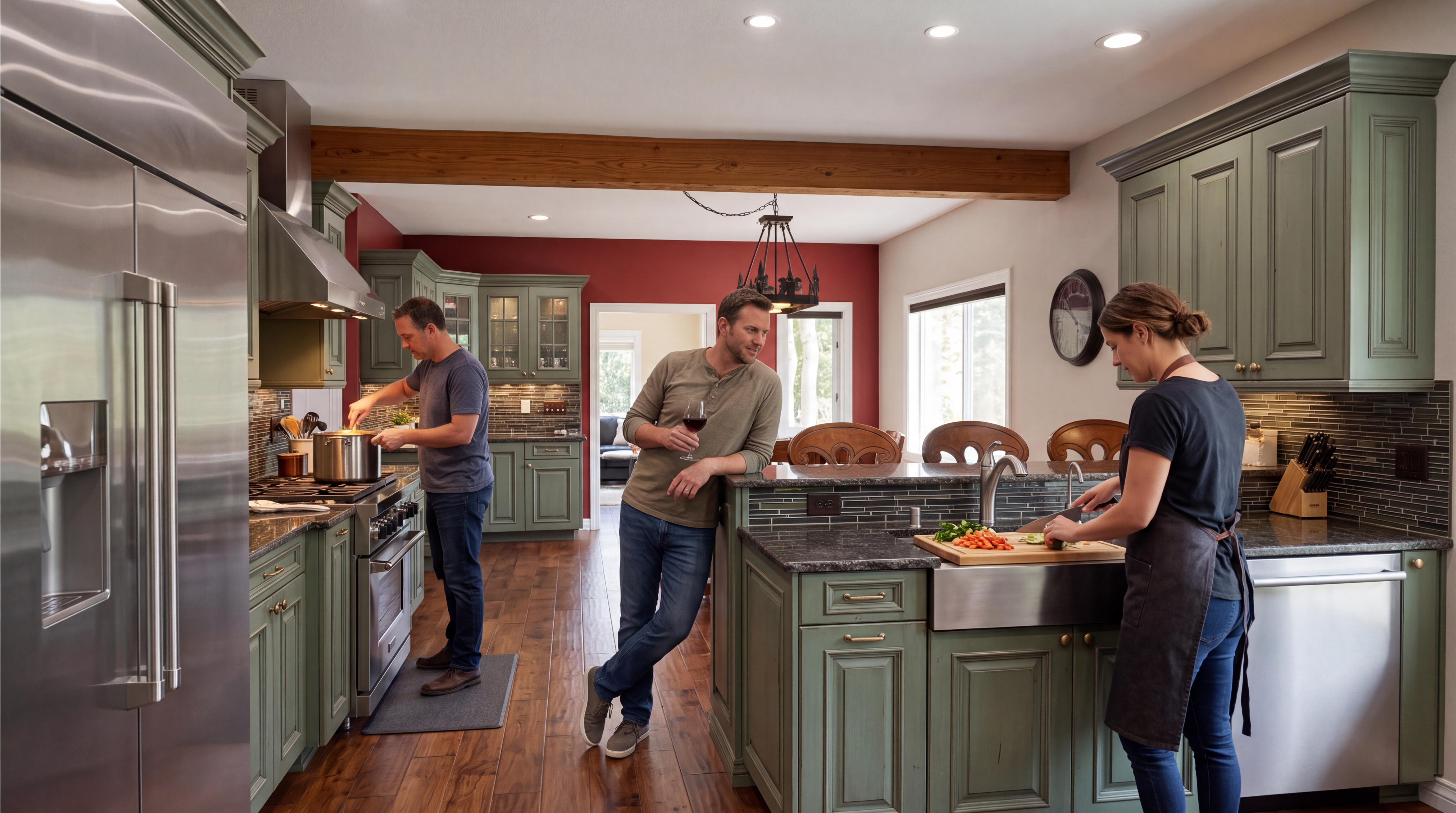This spacious, modern kitchen features distinctive sage-green cabinetry, high-end stainless steel appliances, and sleek dark granite countertops. The space is enhanced by warm wood flooring, a rustic ceiling beam, and a vibrant red accent wall, creating a welcoming and functional area for cooking and socializing. An integrated kitchen island provides extra prep space and seating, making it an ideal centerpiece for family activity.