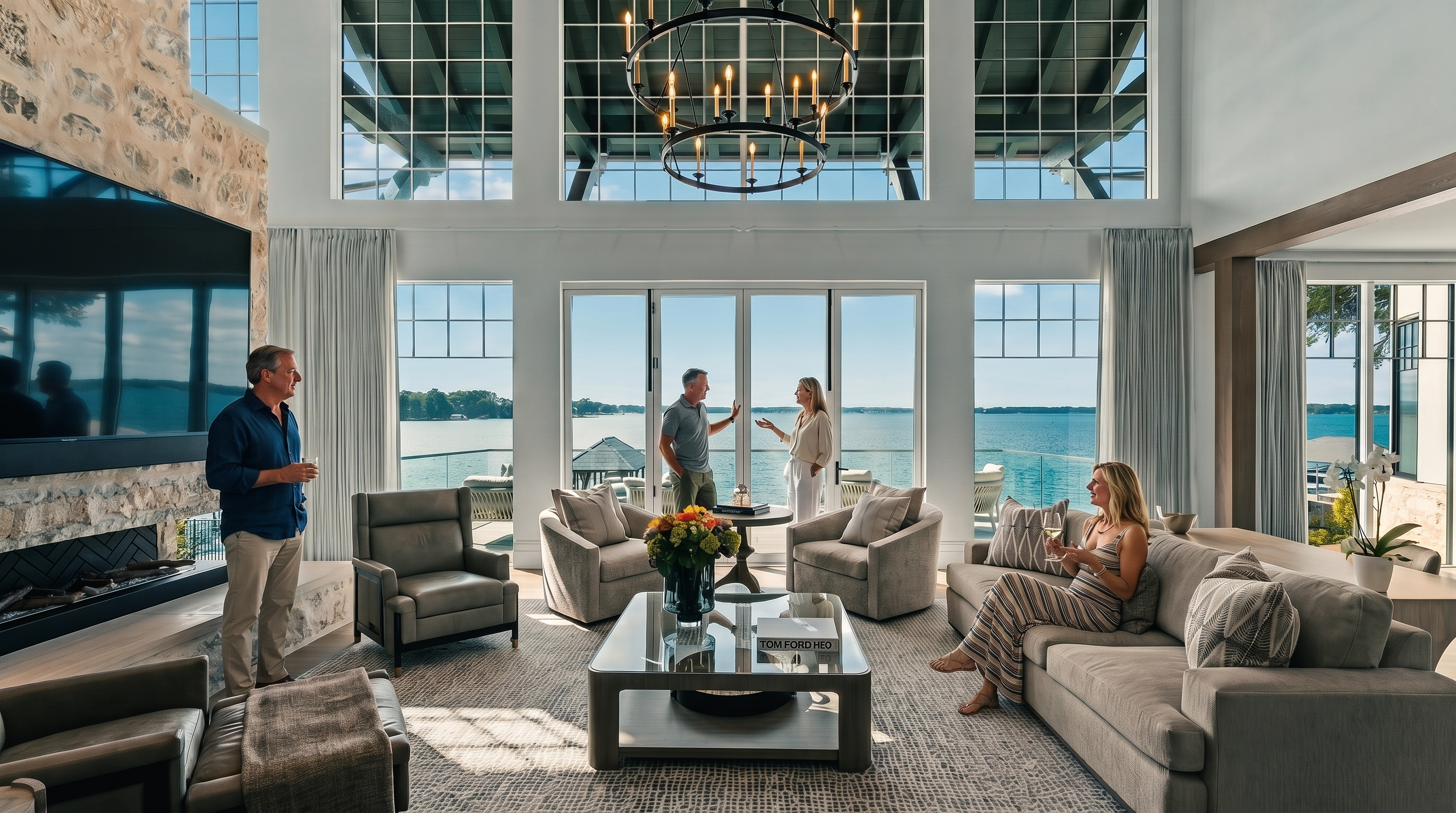 This expansive living room features a soaring vaulted ceiling with exposed wooden beams and a massive wall of glass that frames a panoramic lake view. A prominent stone-clad chimney breast anchors the left side of the room, while a large, neutral-toned sectional and two armchairs create a comfortable seating area around a central coffee table. The space is illuminated by a large, multi-tiered circular chandelier, creating an airy and sophisticated atmosphere perfect for waterfront living.