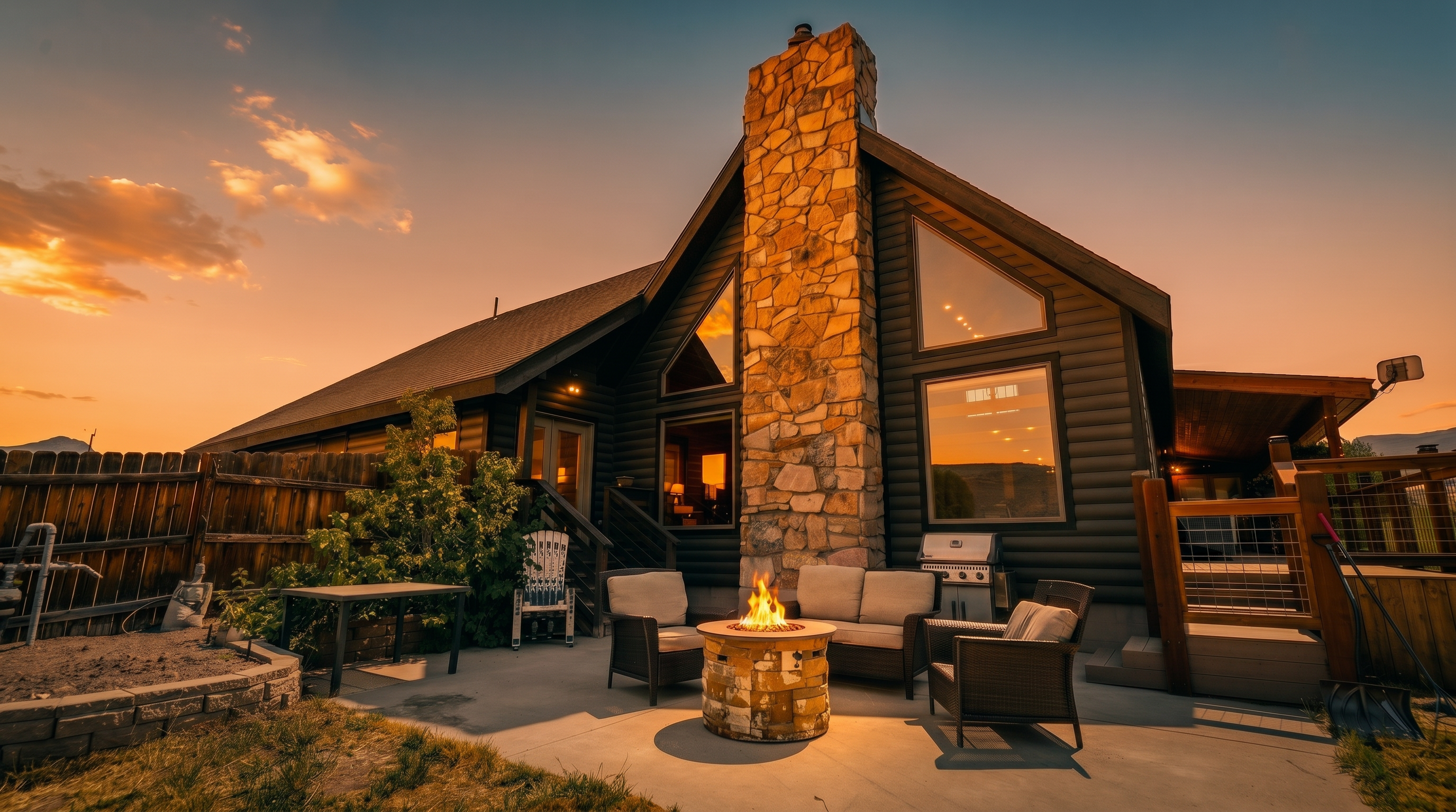 This rear view of a mountain-style home showcases a prominent stone-clad chimney breast that anchors the dark-sided exterior. A concrete patio provides an inviting outdoor living space, complete with a fire pit, comfortable seating, and a grill, all set against a backdrop of a wooden fence and a clear blue sky. The perspective captures the home's architectural character and its seamless transition to the backyard, emphasizing a relaxed, private atmosphere.