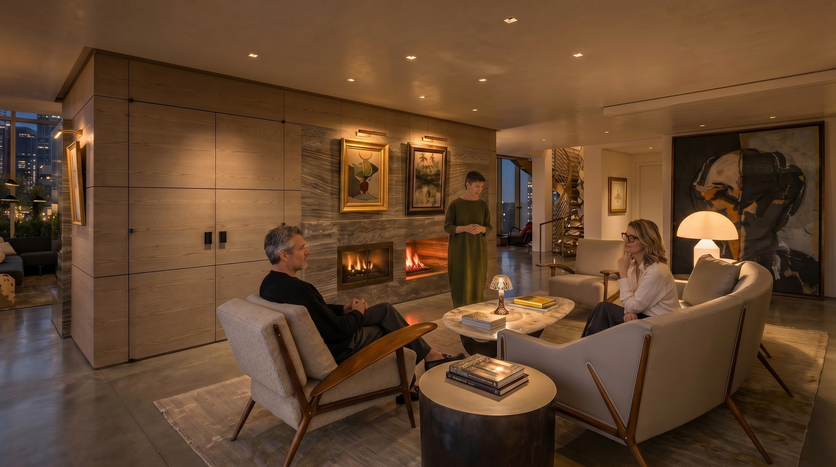 This sophisticated living room features a minimalist aesthetic with polished concrete floors and a prominent stone-clad chimney breast housing a fireplace. The space is furnished with mid-century modern style seating, including a curved sofa and textured armchairs, arranged around a marble-topped coffee table. A large, expressive abstract painting serves as a focal point on the far wall, while the open-concept layout flows seamlessly toward a terrace visible through large windows.