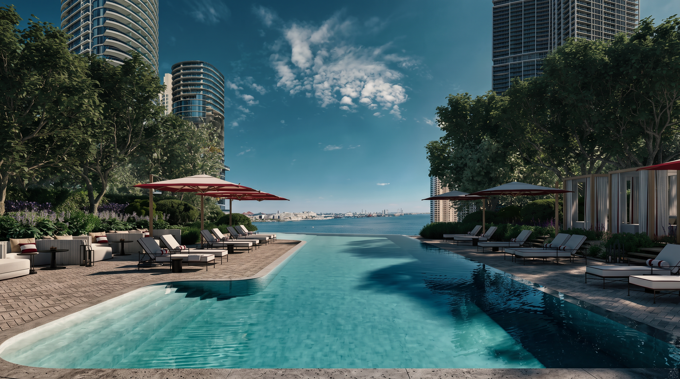 This luxurious infinity-edge pool overlooks a scenic bay, framed by lush green trees and modern high-rise architecture. The pool deck is furnished with numerous lounge chairs shaded by red umbrellas, creating a resort-style atmosphere. The perspective is a wide, eye-level shot looking across the water, emphasizing the serene and upscale outdoor living space.