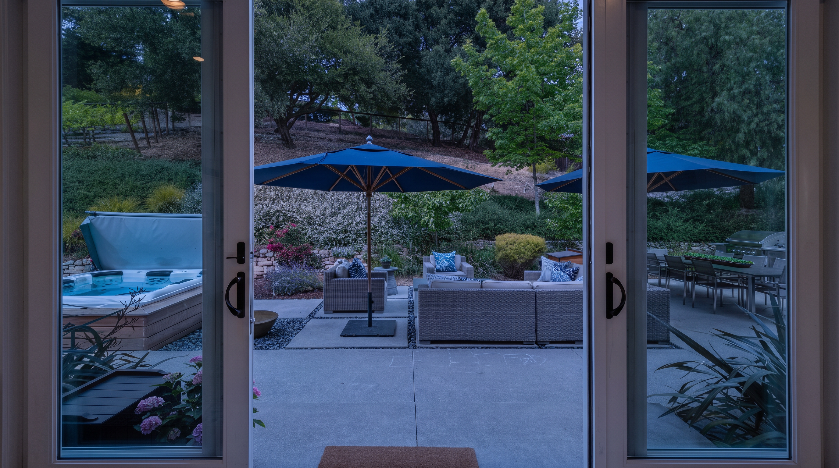 This view from inside a home looks out through sliding glass doors onto a spacious, well-appointed backyard patio. The outdoor living area features a comfortable sectional sofa, a dining set, and a hot tub, all shaded by large blue umbrellas. The scene is framed by lush greenery and a gentle hillside, creating a serene and inviting space for relaxation and outdoor entertaining.