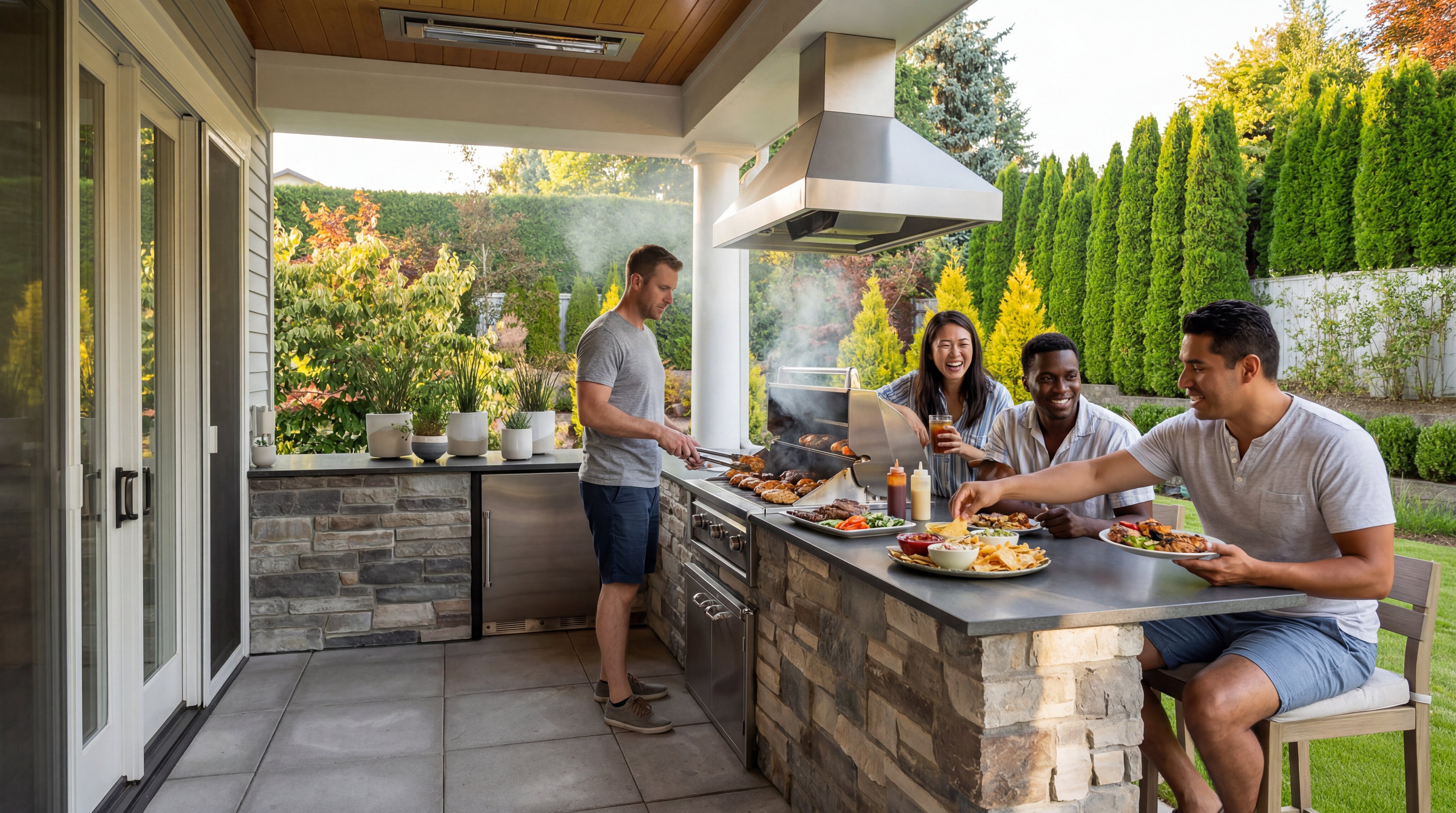 This outdoor kitchen area features a stone-clad counter with a built-in stainless steel grill, a stainless steel under-counter refrigerator, and a professional-grade range hood. The space is covered by a wood-paneled ceiling with recessed lighting and overlooks a manicured backyard with tall, neatly trimmed hedges. The perspective captures the functional layout of the patio, highlighting the seamless transition between the indoor living space and the landscaped garden.