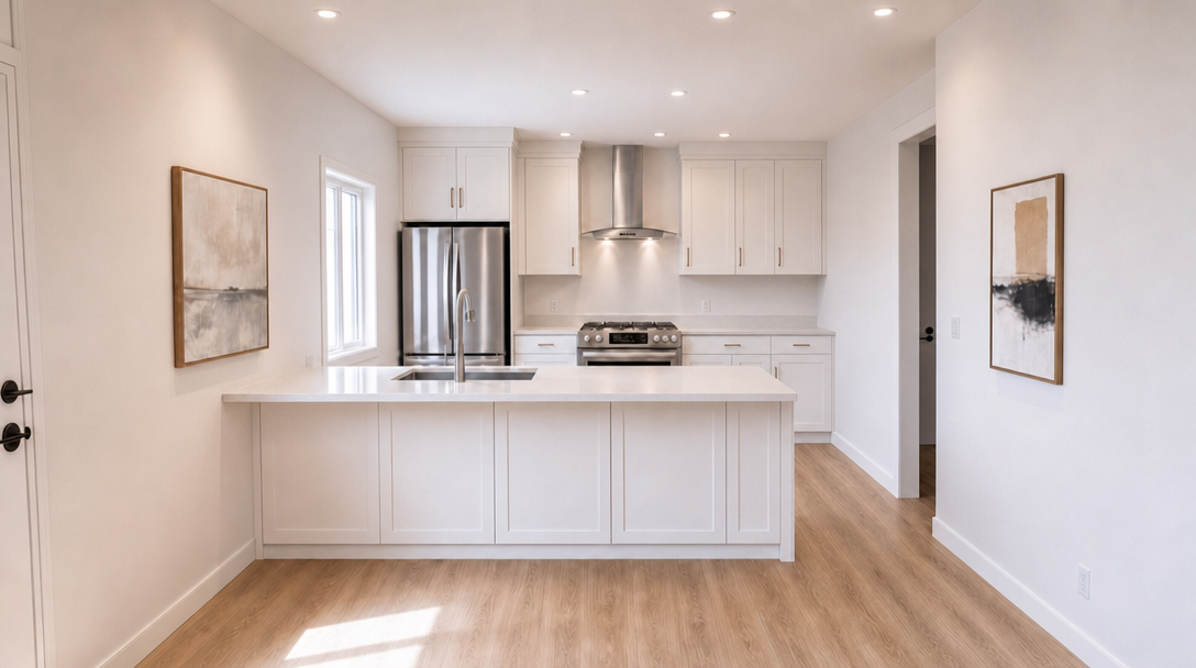 This modern kitchen features a clean, minimalist aesthetic with bright white cabinetry, quartz countertops, and sleek stainless steel appliances, including a professional-style range hood. The central island provides additional workspace and seating, while the light wood-look flooring and soft recessed lighting contribute to a warm and inviting atmosphere. The space is elegantly finished with gold-toned cabinet hardware and framed wall art, creating a sophisticated and functional culinary area.